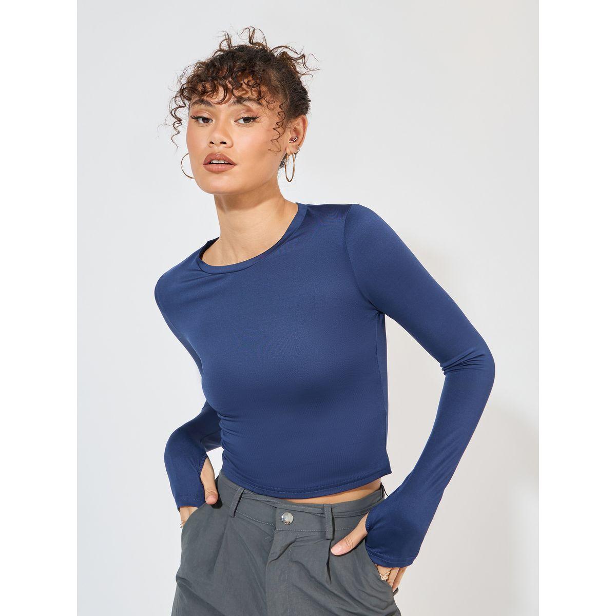 Styli Fitted Round Neck T-Shirt with Thumbhole Sleeves-women-clothing-tshirts-image-1