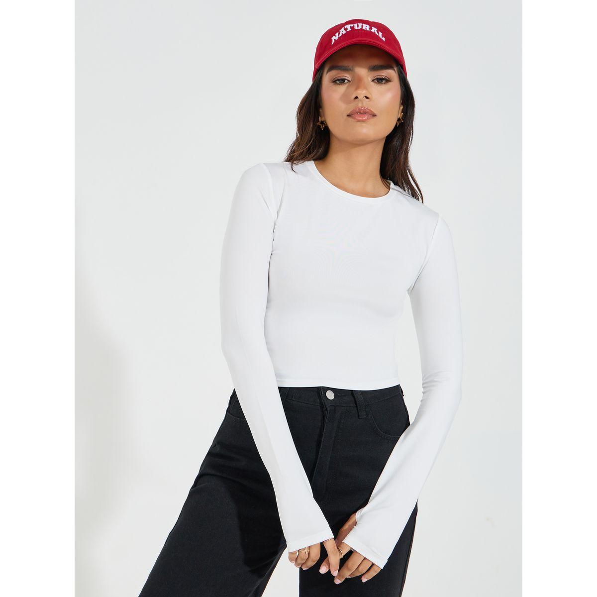 Styli Fitted Round Neck T-Shirt with Thumbhole Sleeves-women-clothing-tshirts-image-1