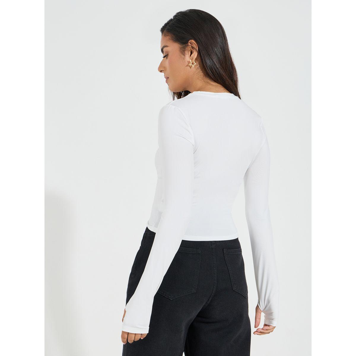 Styli Fitted Round Neck T-Shirt with Thumbhole Sleeves-women-clothing-tshirts-image-4