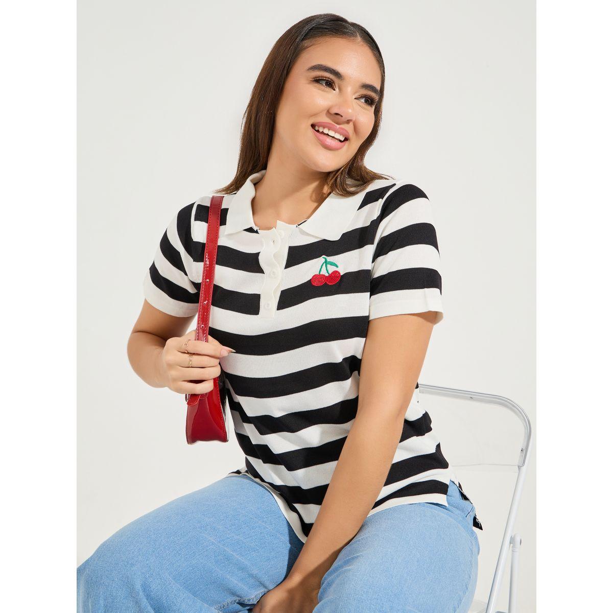 تيشيرت مخطط بياقة بولو وقصة عادية-women-clothing-tshirts-image-1