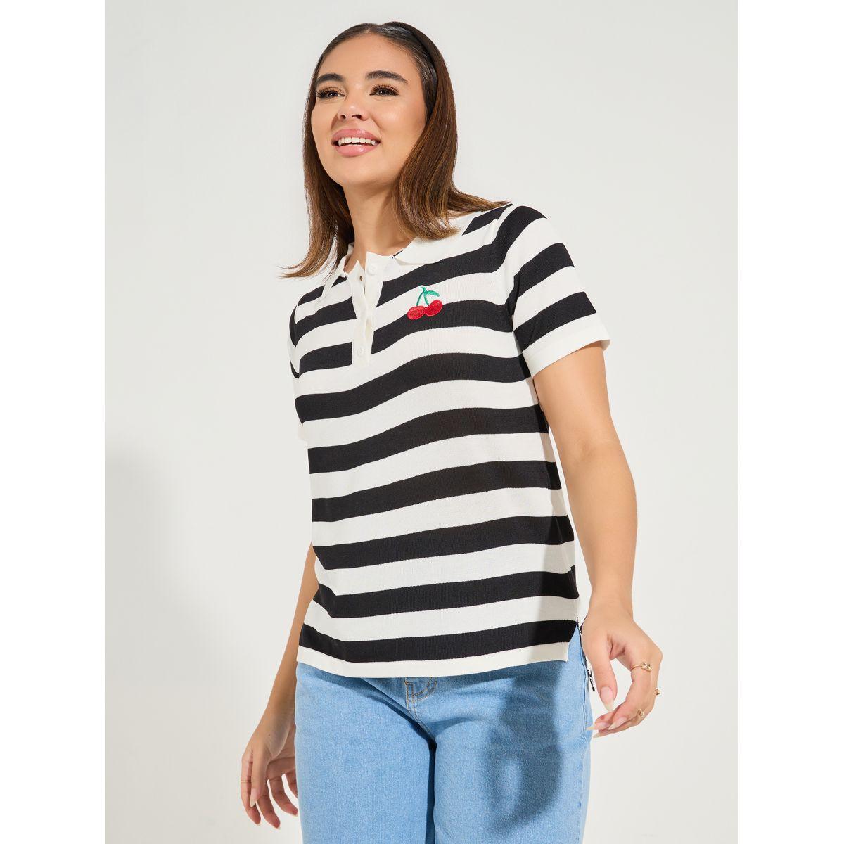 Styli Regular Fit Cherry Detail Striped Polo T-Shirt-women-clothing-tshirts-image-2