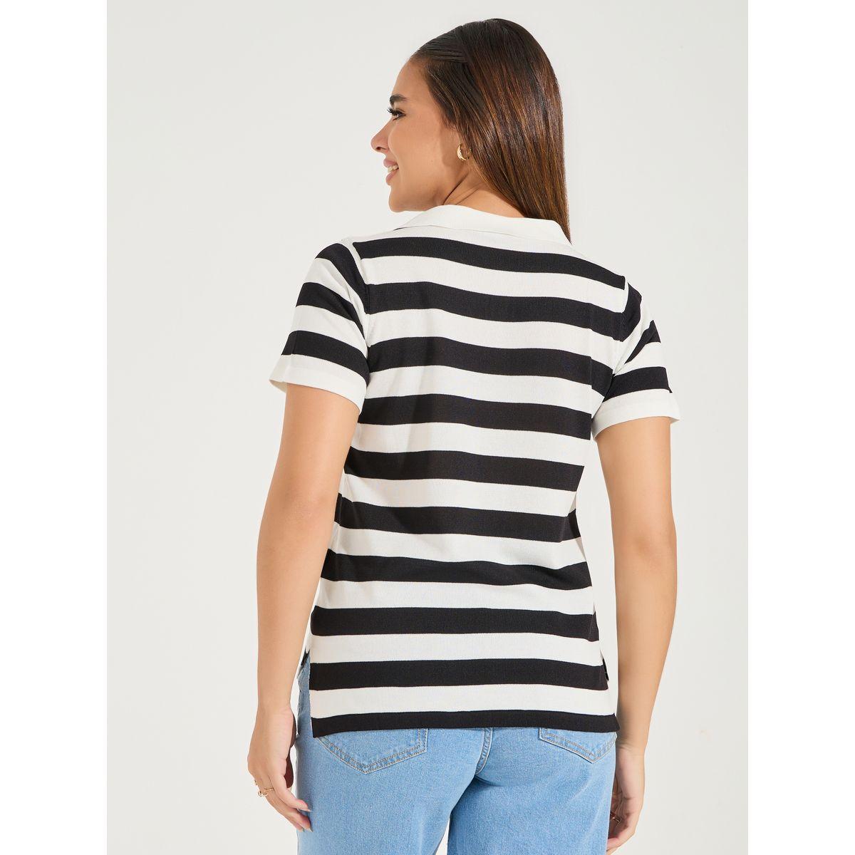 تيشيرت مخطط بياقة بولو وقصة عادية-women-clothing-tshirts-image-5