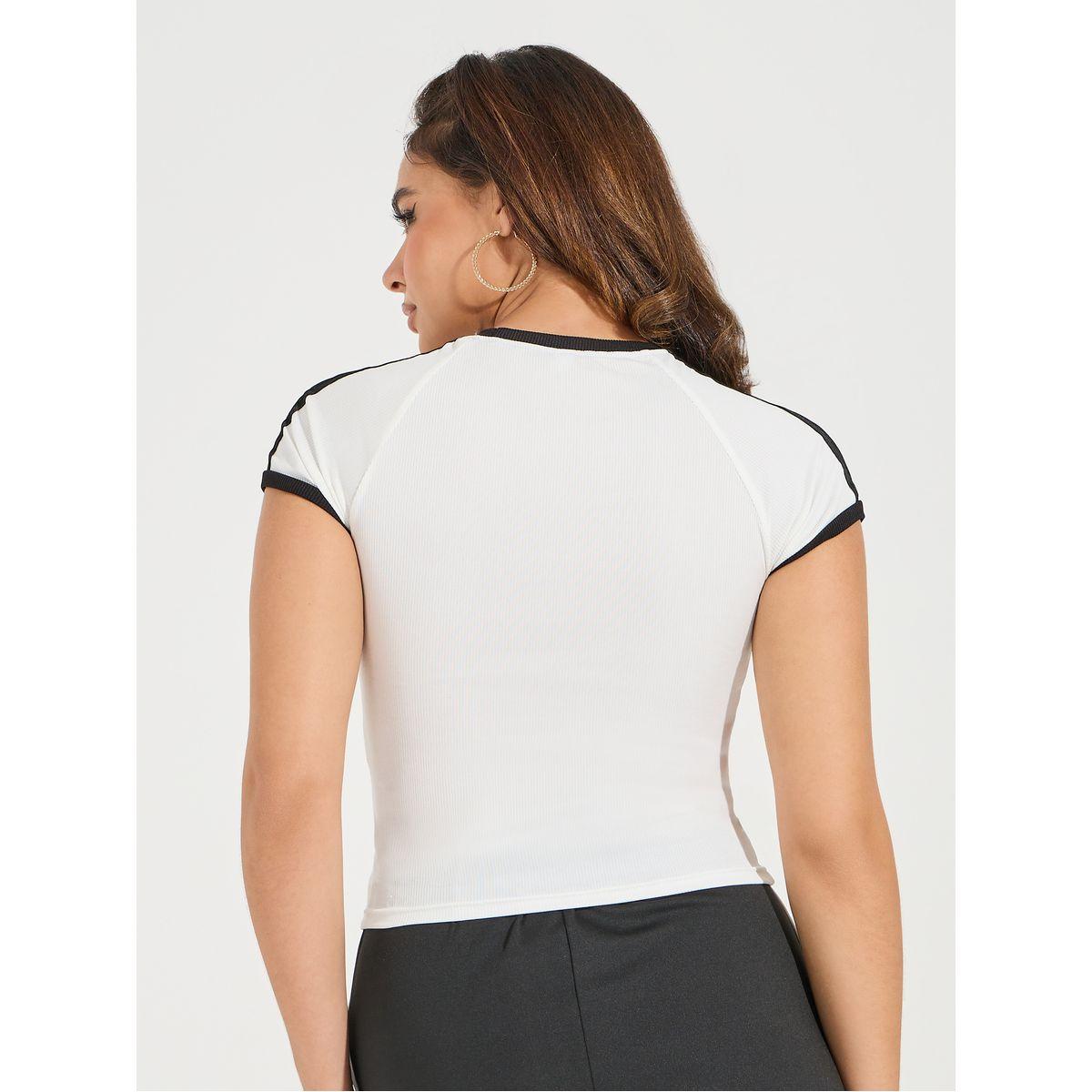 Styli Fitted Striped Panel Contrast Trim T-Shirt-women-clothing-tshirts-image-5