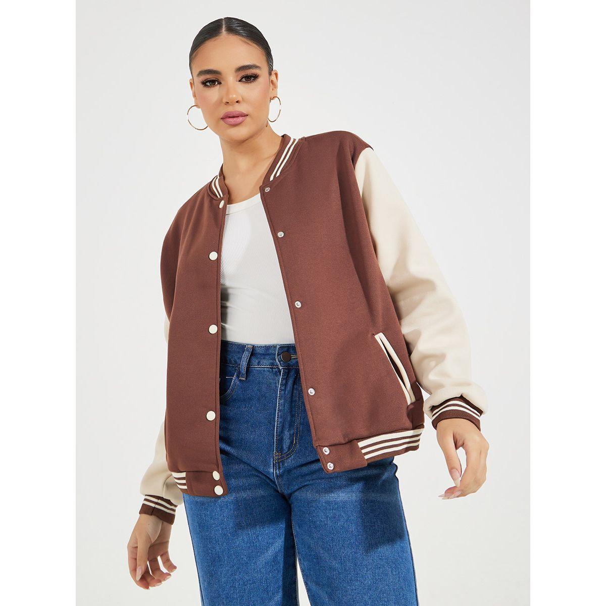 Styli Color Block Bomber Jacket with Snap Button-women-winterwear-coatsandjackets-jackets-image-1