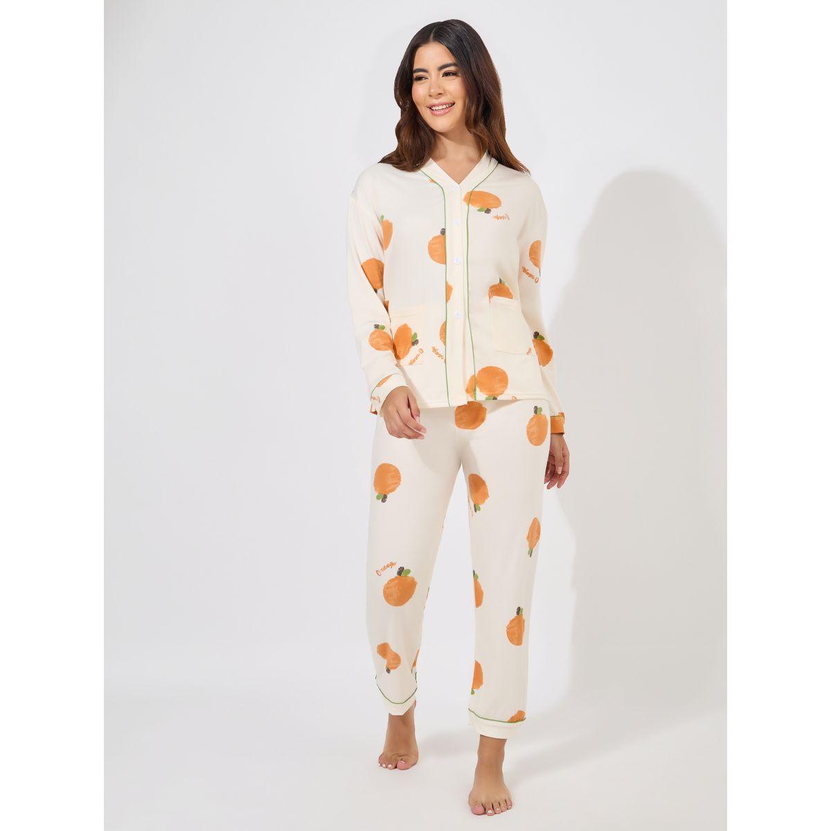 Styli Orange Print Long Sleeve Shirt & Pyjama Set-women-clothing-nightwear-pyjamas-longsets-image-1