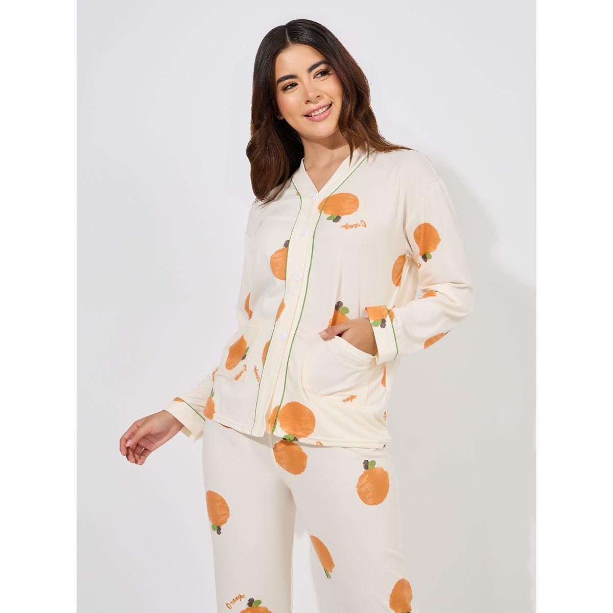 Styli Orange Print Long Sleeve Shirt & Pyjama Set-women-clothing-nightwear-pyjamas-longsets-image-2