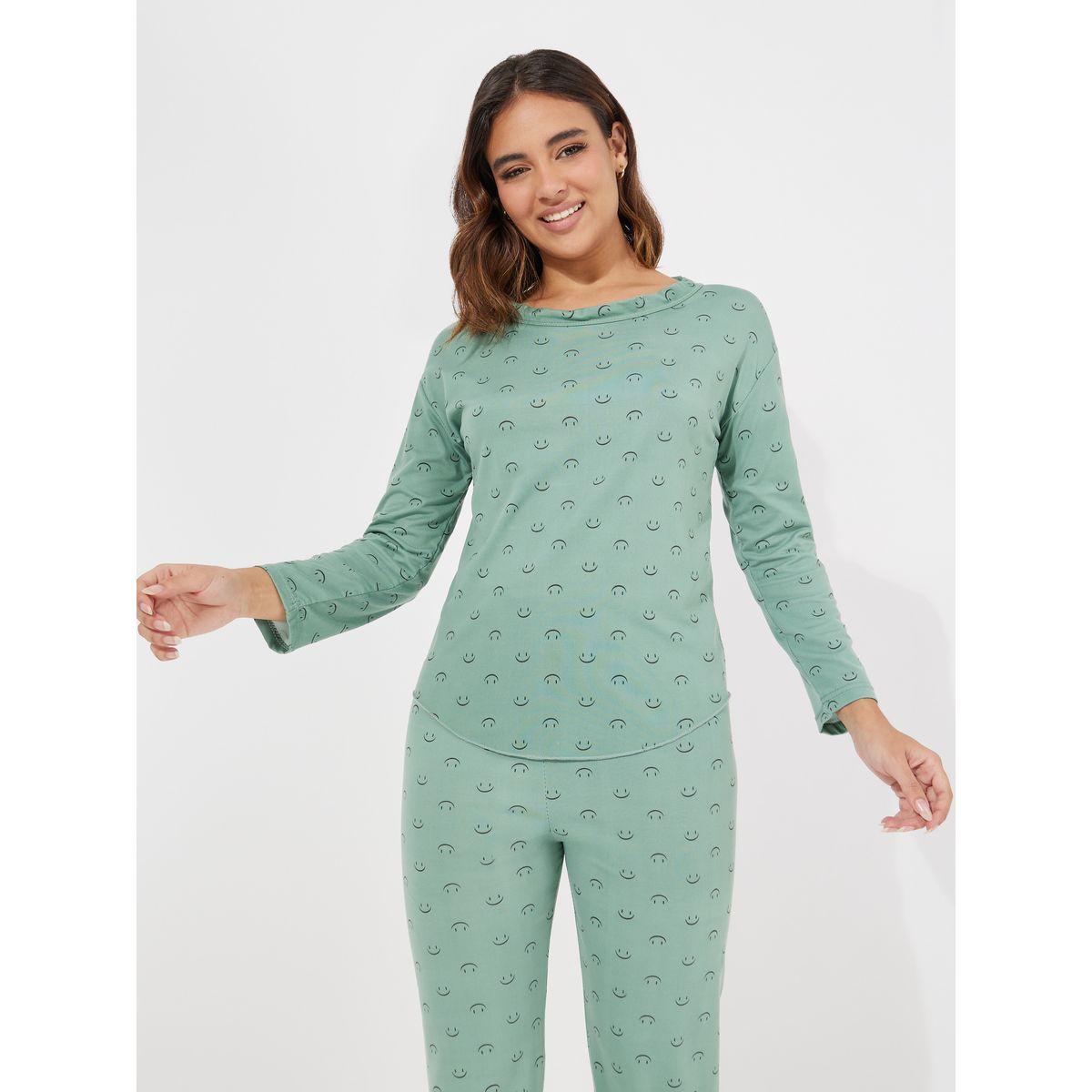 Styli Smile Print Curved Hem Top & Pyjama Set-women-clothing-nightwear-pyjamas-longsets-image-2