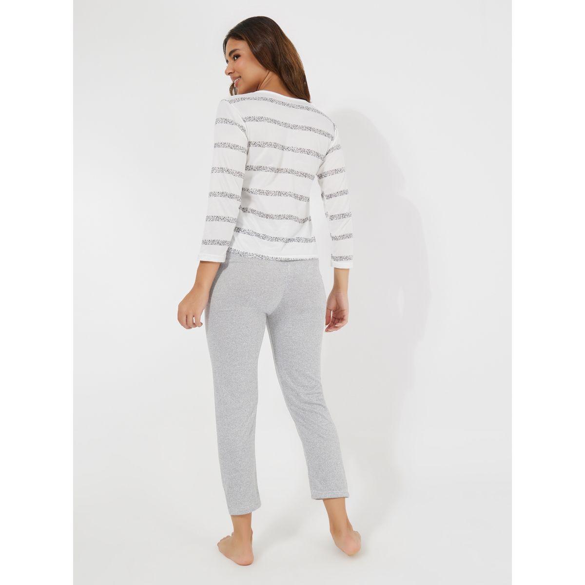 طقم من بنطال بيجاما مع تيشيرت مخطط باكمام 3/4-women-clothing-nightwear-pyjamas-longsets-image-4