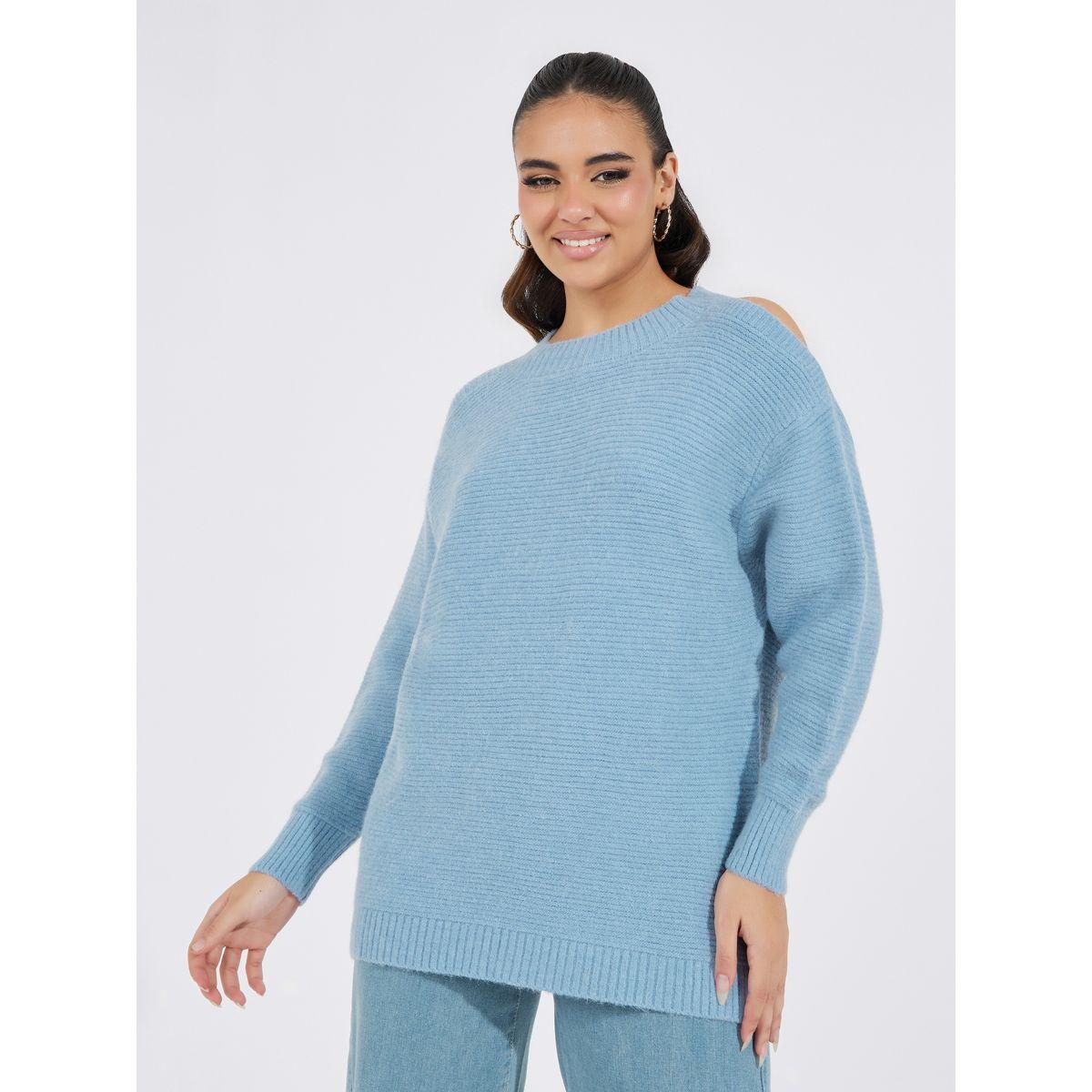 Styli Basic Longline Round Neck Sweater with Cut-Out Shoulder-women-clothing-cardigansandjumpers-jumpers-image-1