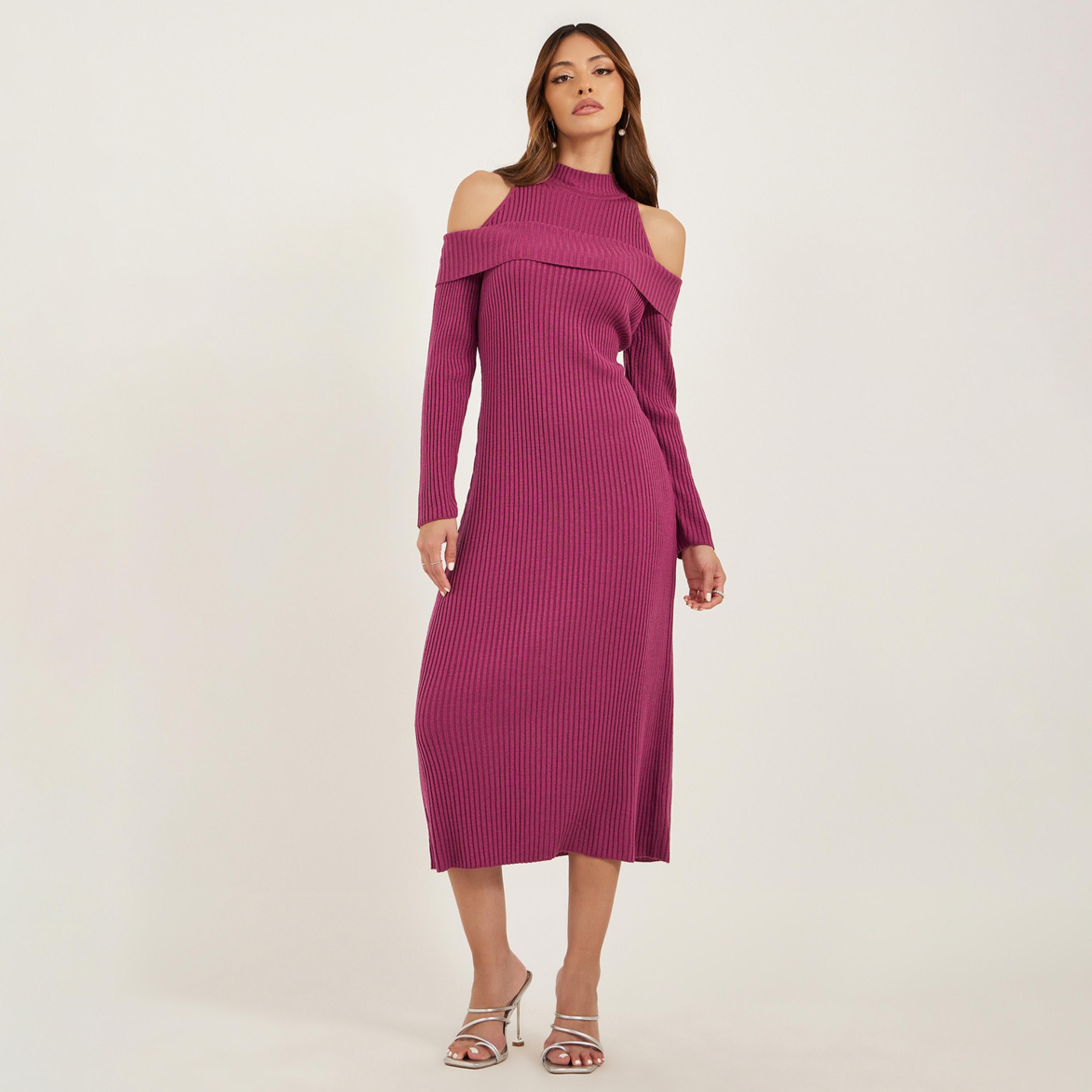 ستايلي - فستان ميدي مضلع مكشوف الكتفين-women-clothing-dresses-image-2
