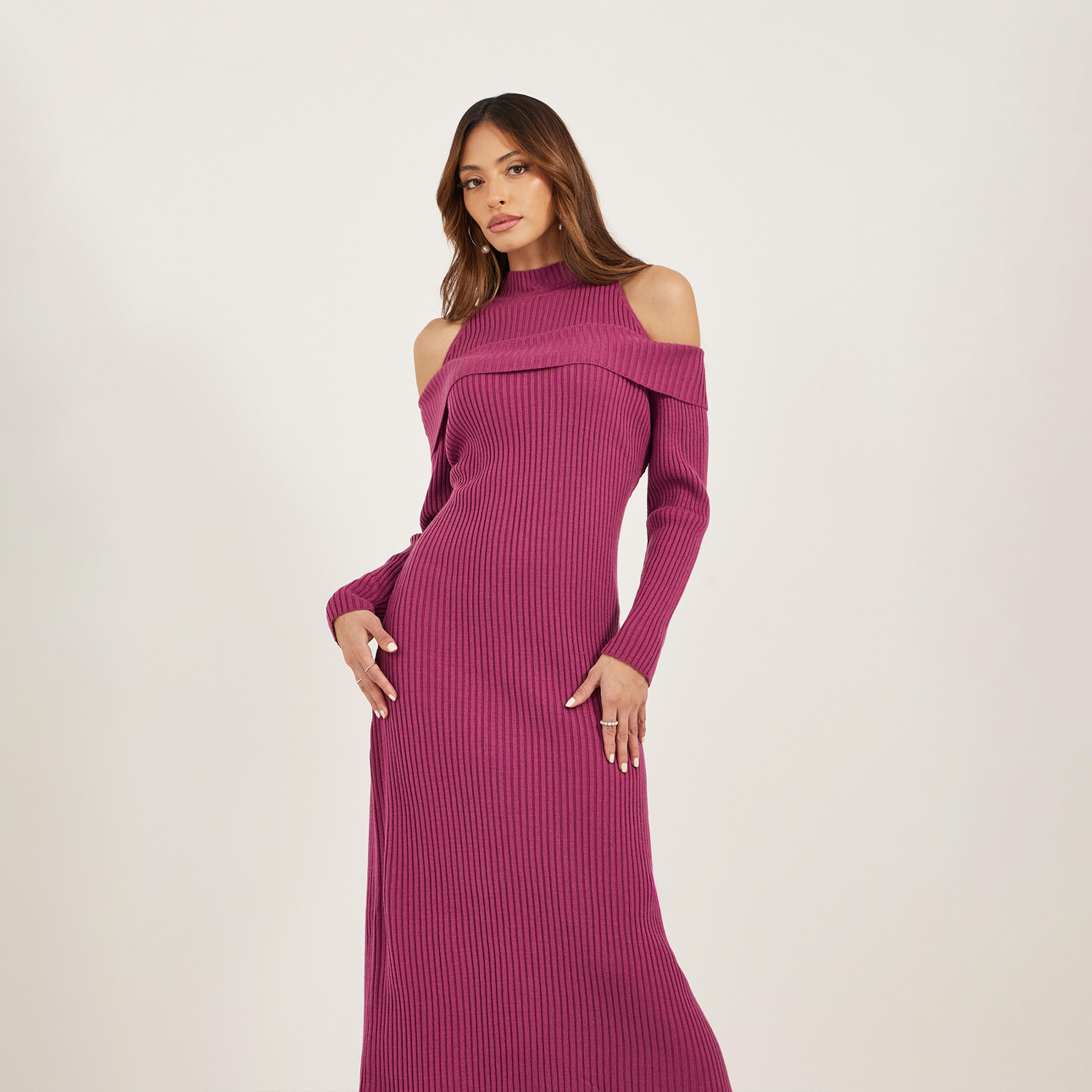 Styli Ribbed Cold Shoulder Sheath Midi Dress-women-clothing-dresses-image-3