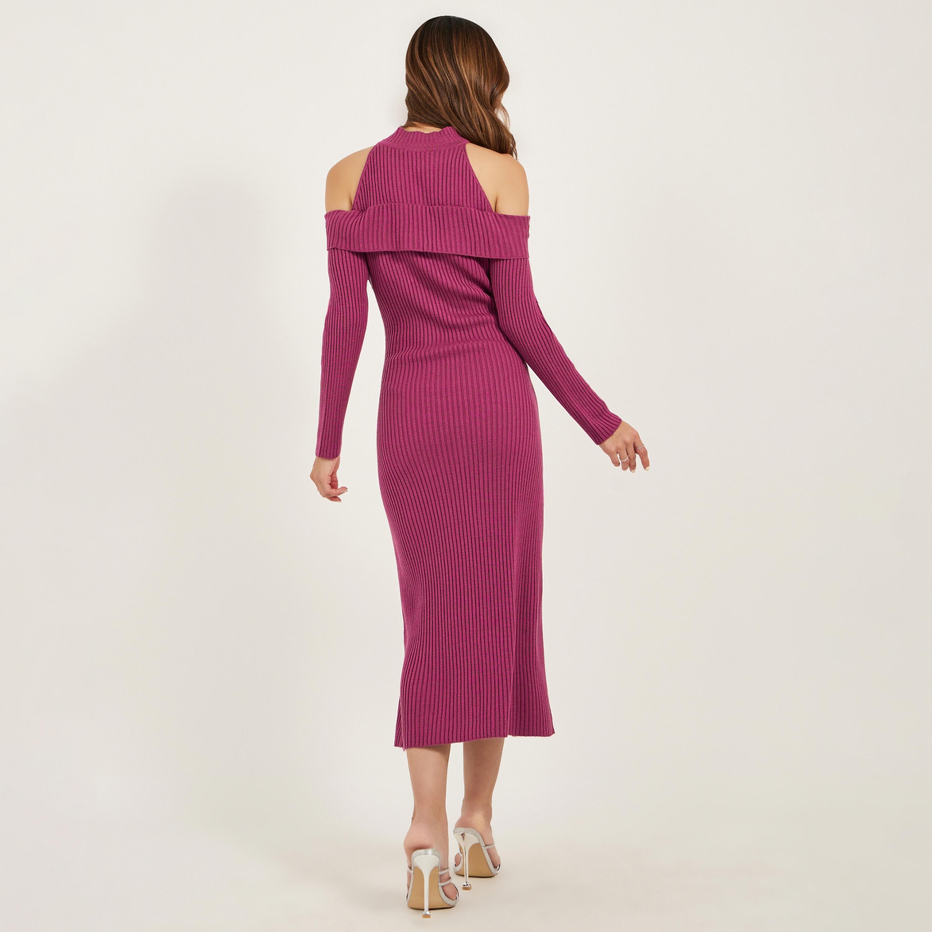 Styli Ribbed Cold Shoulder Sheath Midi Dress-women-clothing-dresses-image-5