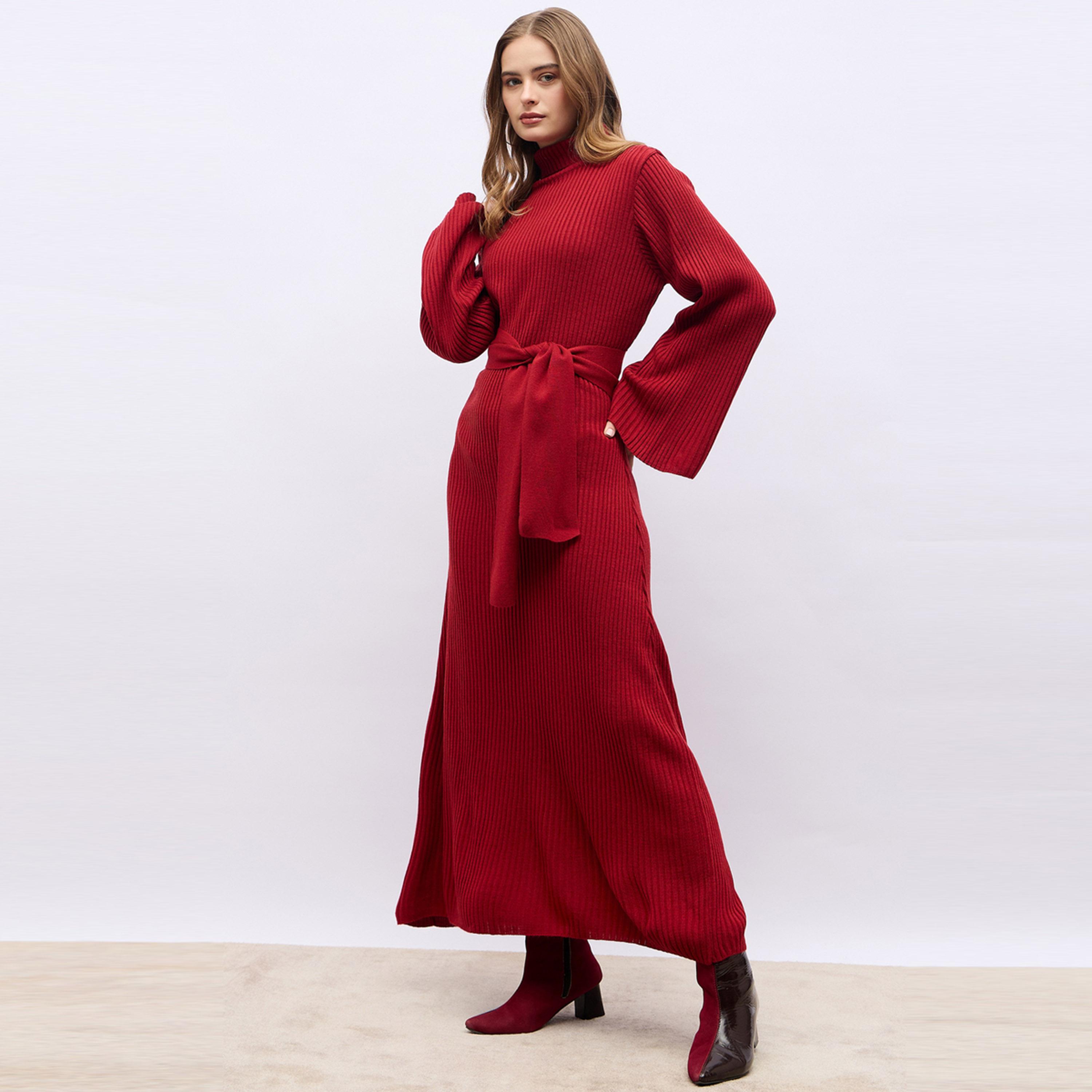 Styli Flat Knit Turtle Neck Maxi Dress with Tie-Belt-women-clothing-dresses-image-1