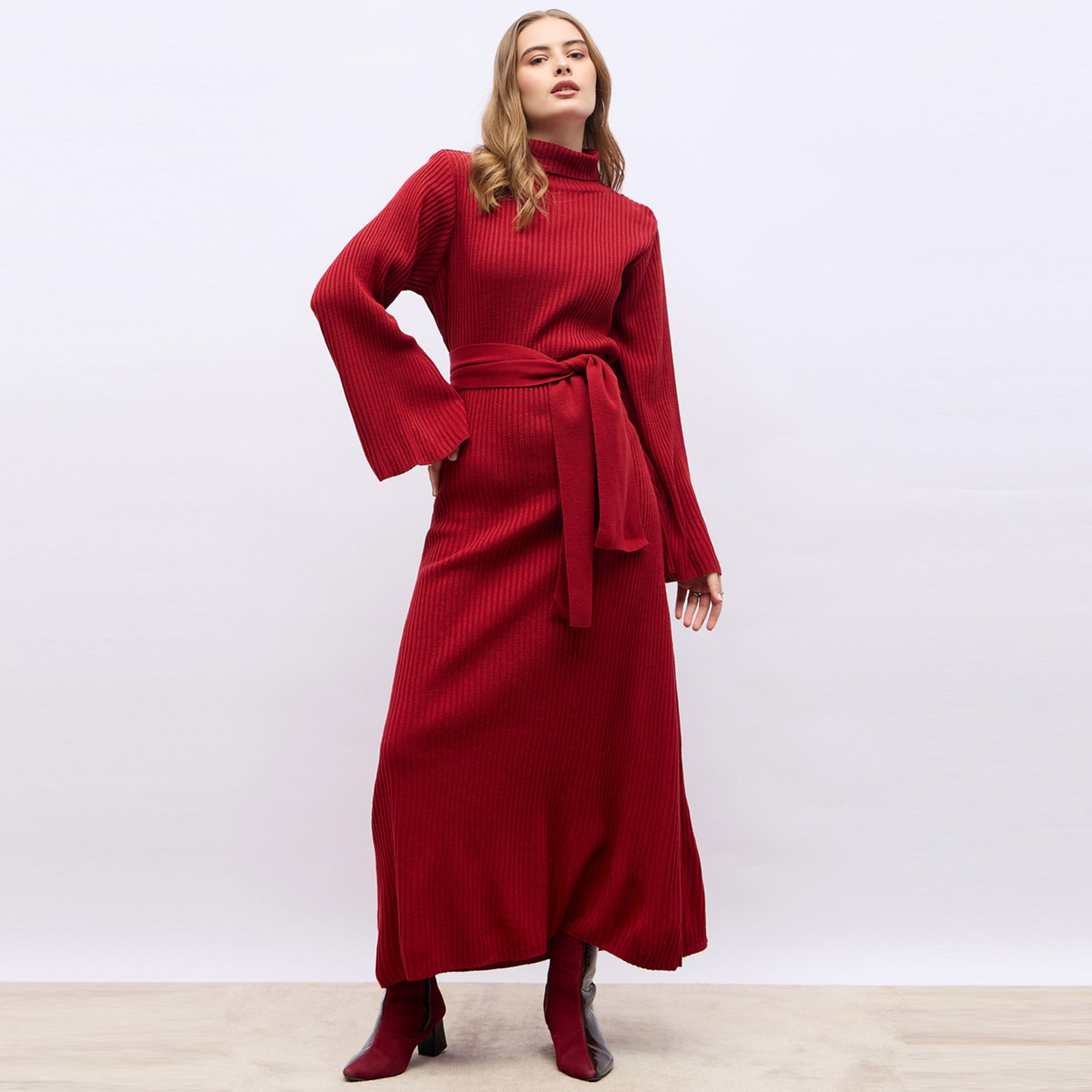 Styli Flat Knit Turtle Neck Maxi Dress with Tie-Belt-women-clothing-dresses-image-2
