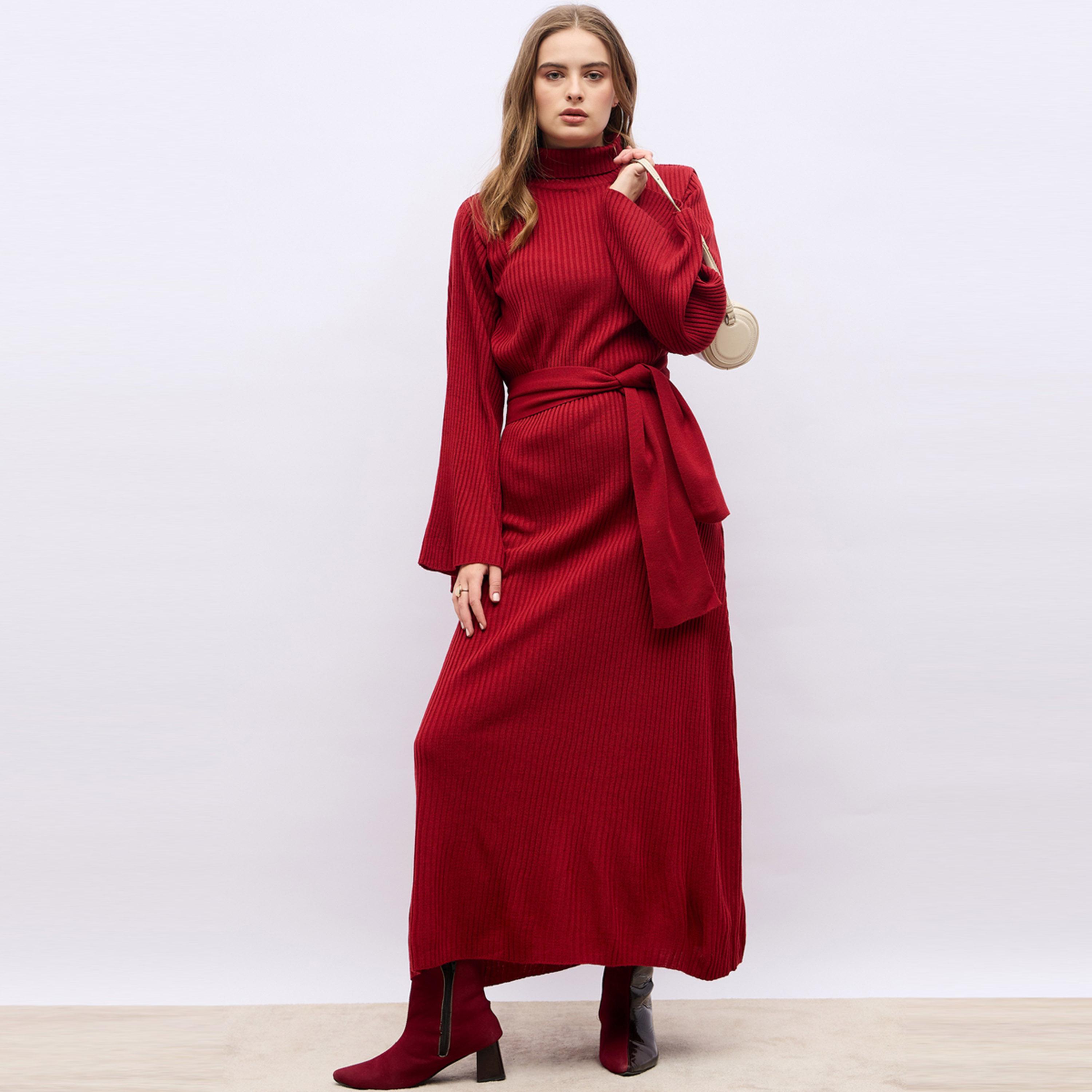 Styli Flat Knit Turtle Neck Maxi Dress with Tie-Belt-women-clothing-dresses-image-3