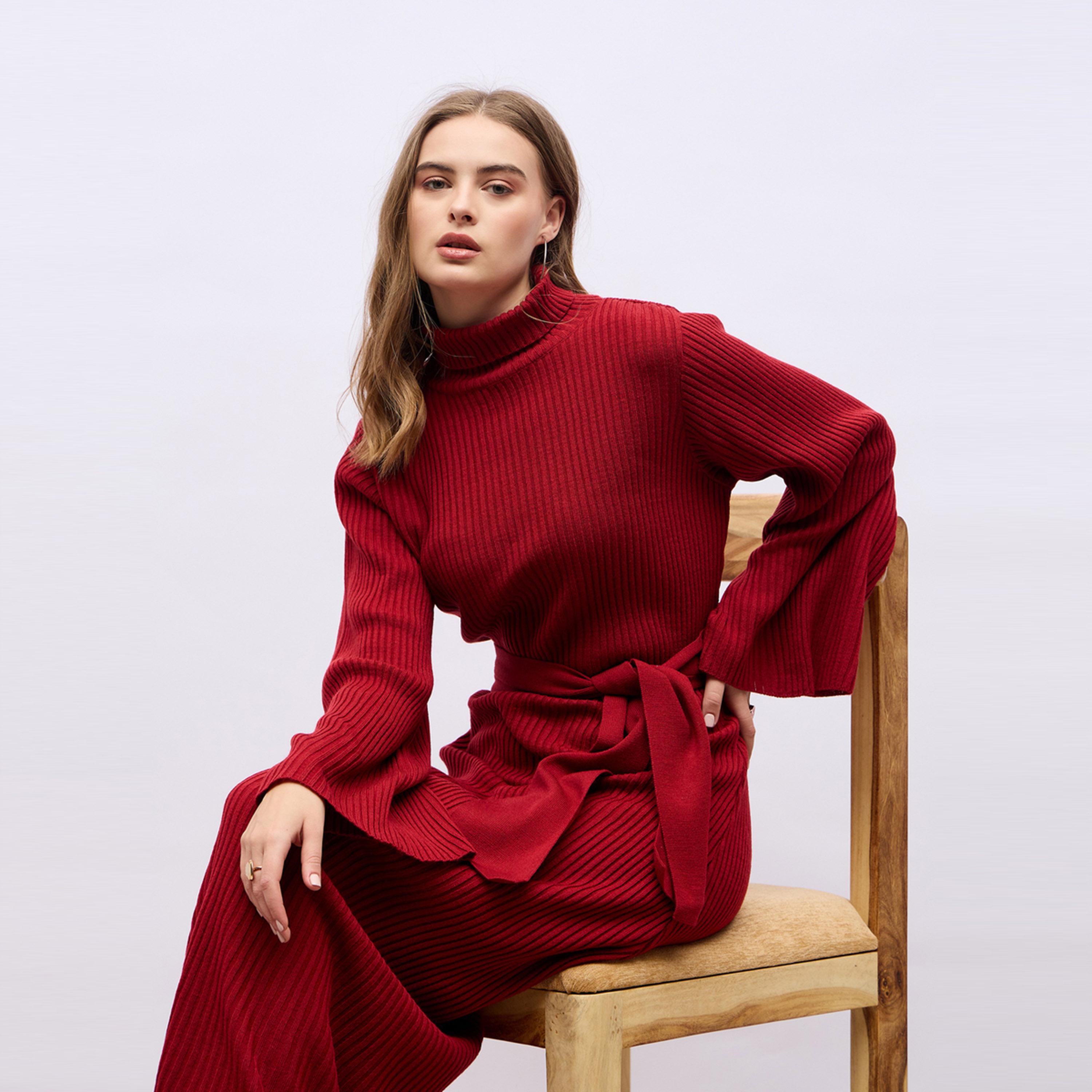 Styli Flat Knit Turtle Neck Maxi Dress with Tie-Belt-women-clothing-dresses-image-4
