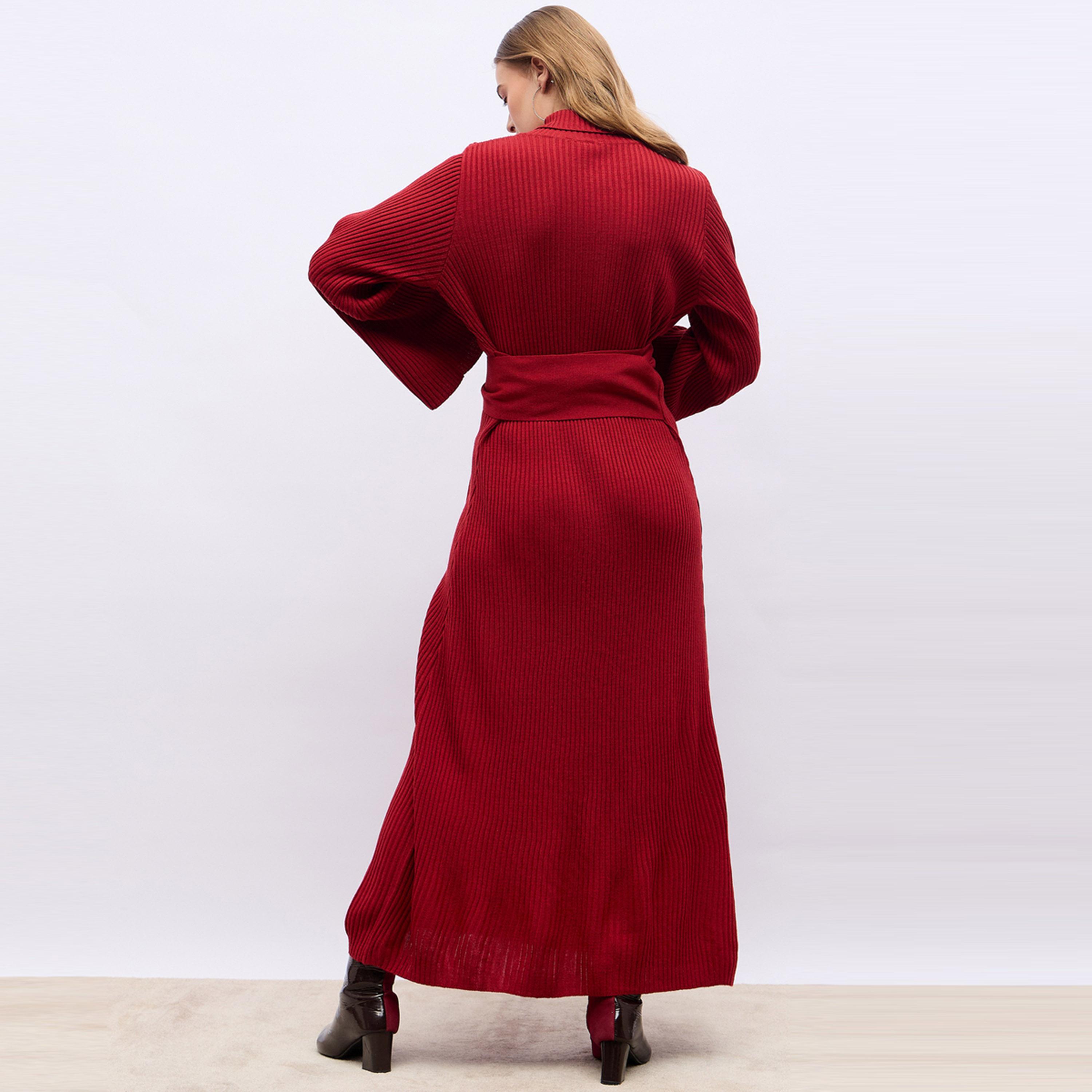 Styli Flat Knit Turtle Neck Maxi Dress with Tie-Belt-women-clothing-dresses-image-7