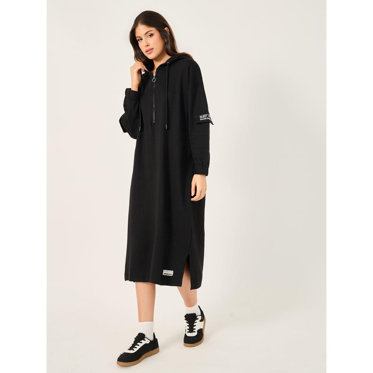 فستان ميدي بياقة هودي مزين بشارة-women-clothing-dresses-image-1