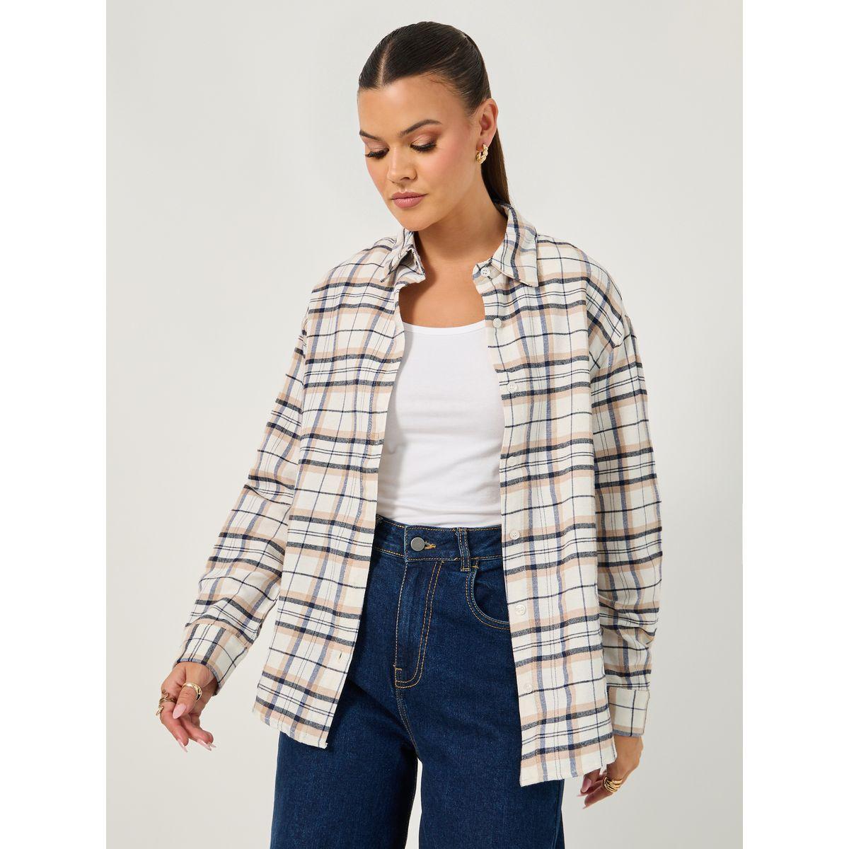 Styli Oversized Checked Collared Longline Shirt-women-clothing-shirtsandblouses-shirts-image-1