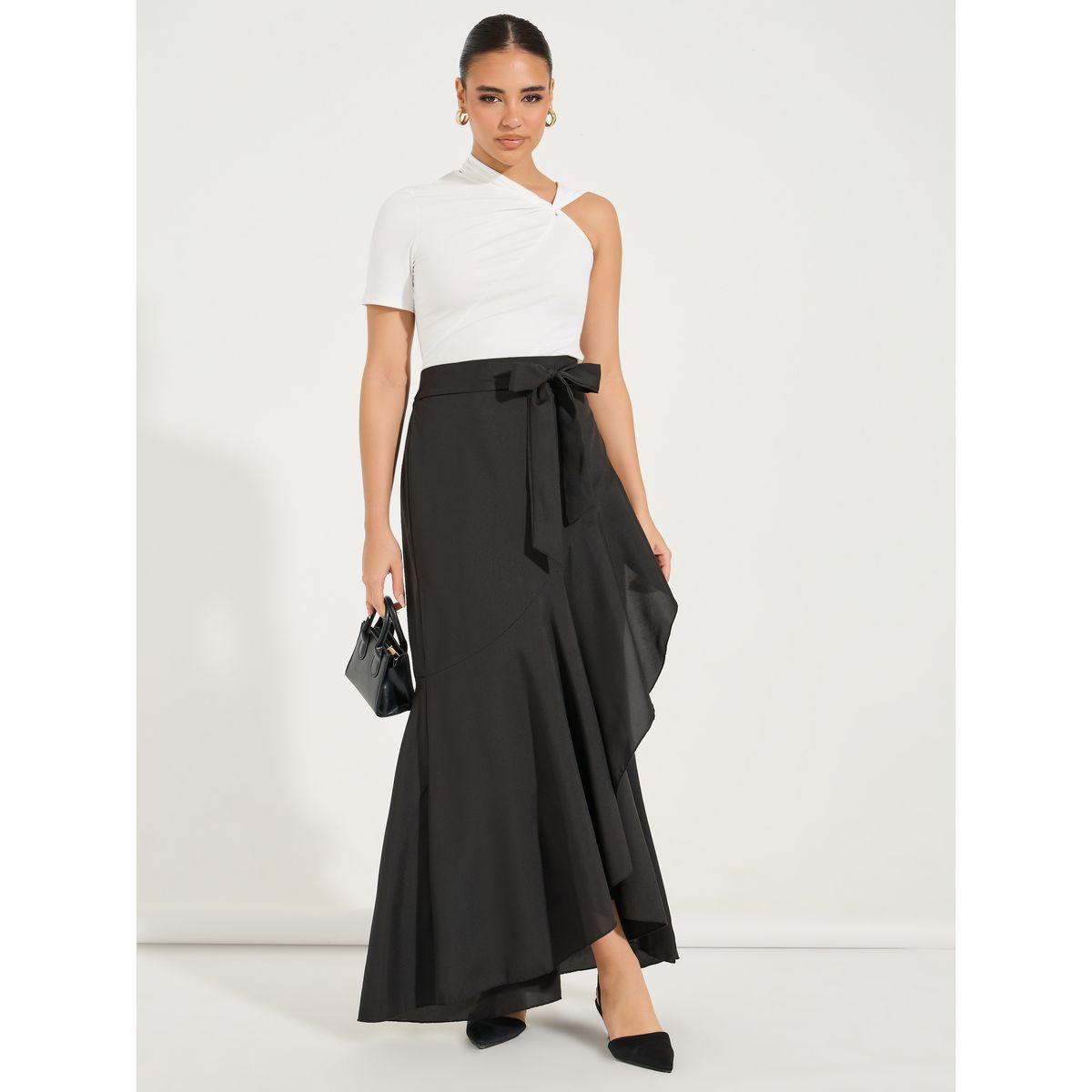 تنورة طويلة سادة بنمط لف وكشكش-women-clothing-bottoms-skirts-image-1