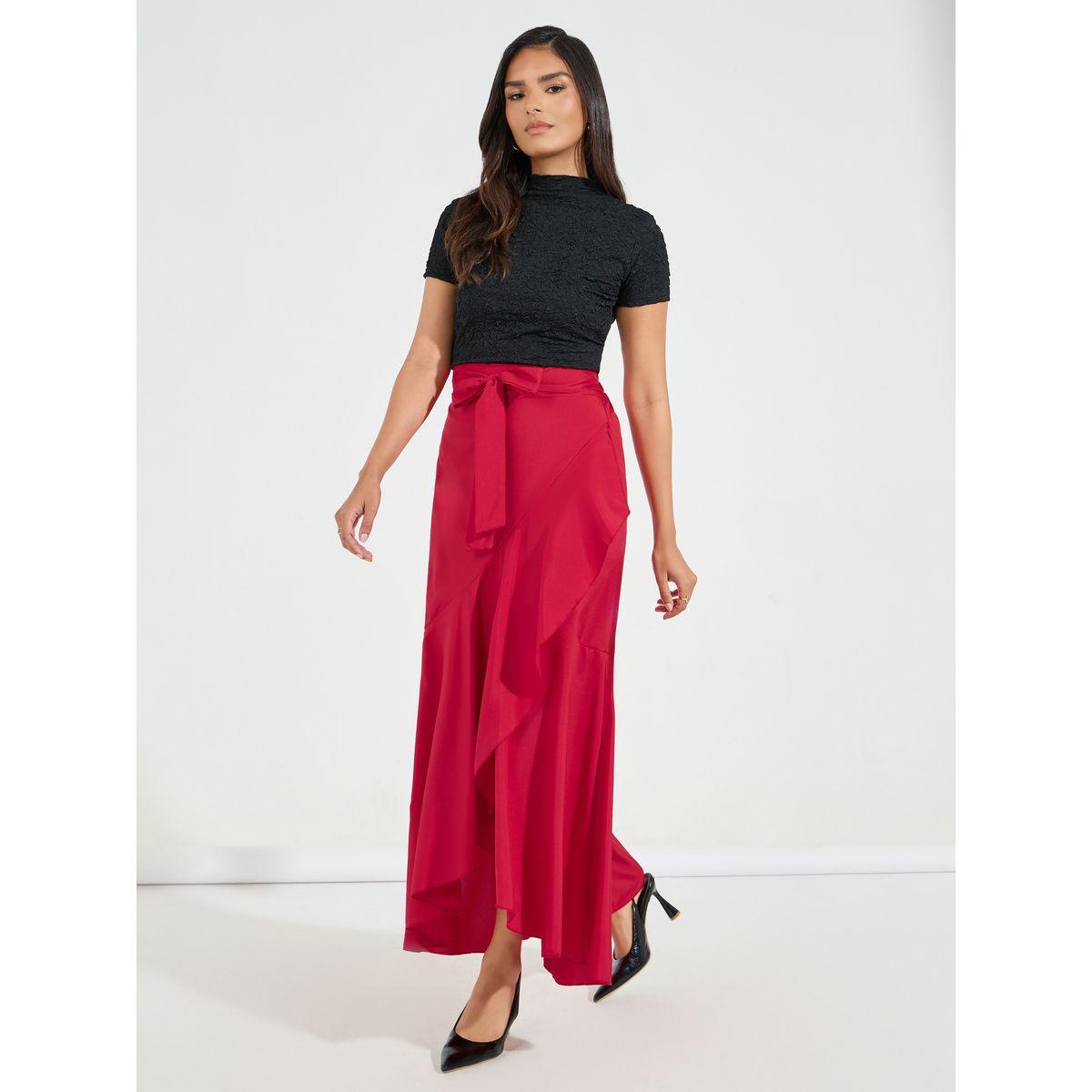 Styli Solid Mock Wrap Ruffled Hem Maxi Skirt-women-clothing-bottoms-skirts-image-1