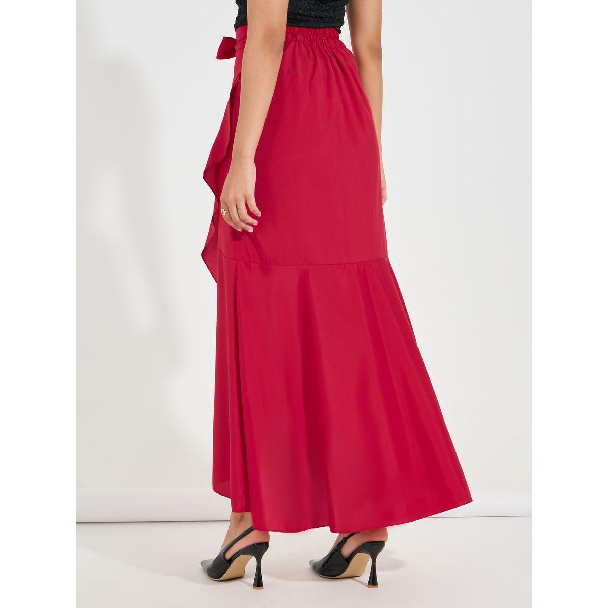 تنورة طويلة سادة بنمط لف وتفاصيل كشكش-women-clothing-bottoms-skirts-image-1