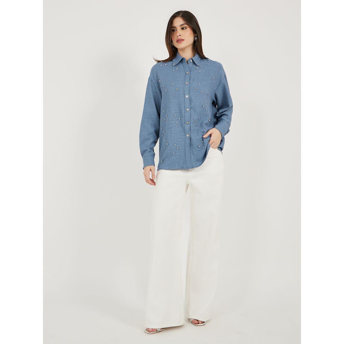 بلوزة فضفاضة بنسيج دنيم وتفاصيل منمقة-women-clothing-shirtsandblouses-shirts-image-2