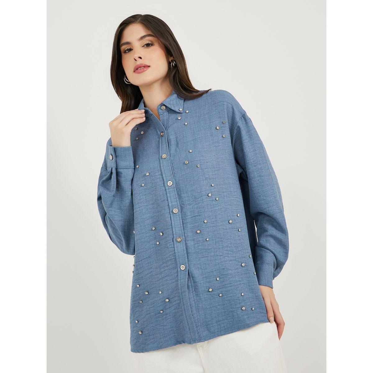 بلوزة فضفاضة بنسيج دنيم وتفاصيل منمقة-women-clothing-shirtsandblouses-shirts-image-3