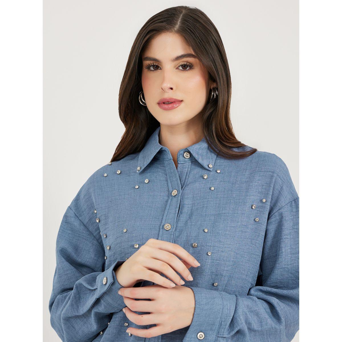 بلوزة فضفاضة بنسيج دنيم وتفاصيل منمقة-women-clothing-shirtsandblouses-shirts-image-4