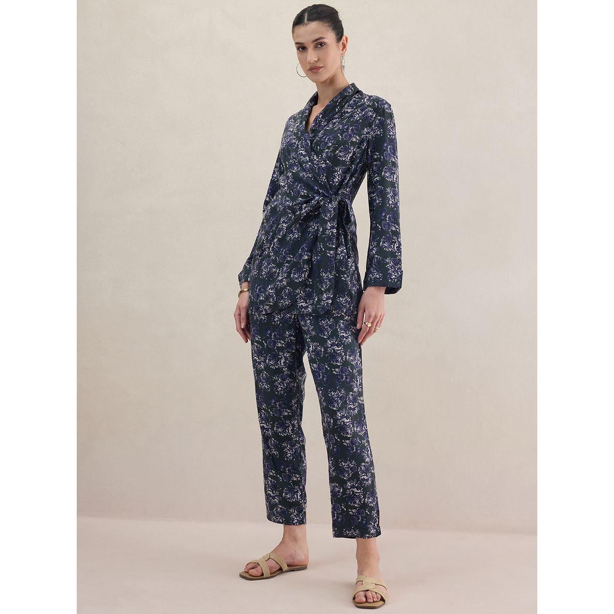 طقم منسق من بنطال مع بلوزة مطبعة بزهور ونمط لف فِميلا × ستايلي-women-clothing-coordsets-image-2