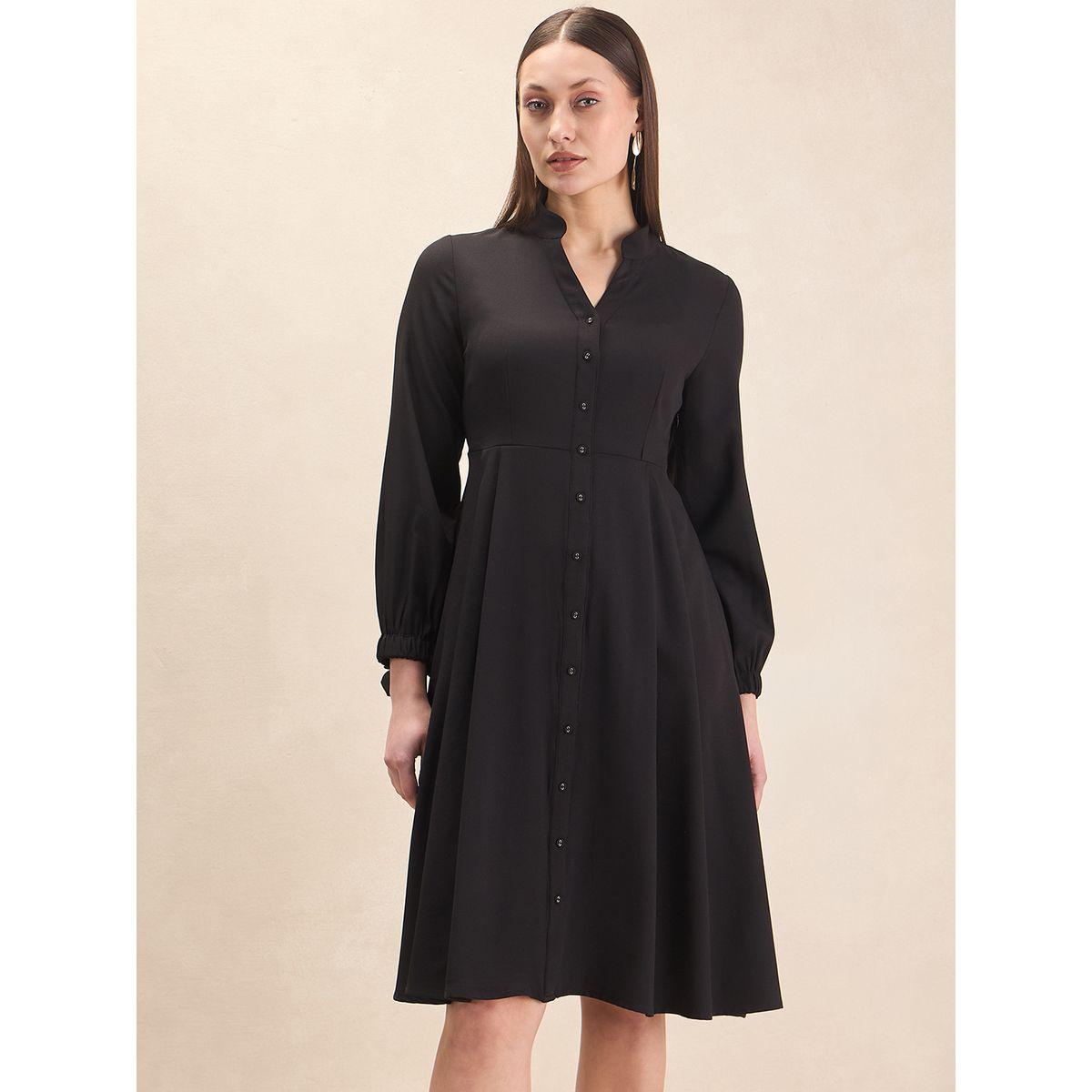 فستان سادة بطول الركبة مع اكمام بربطة فيونكة فِميلا × ستايلي-women-clothing-dresses-image-1