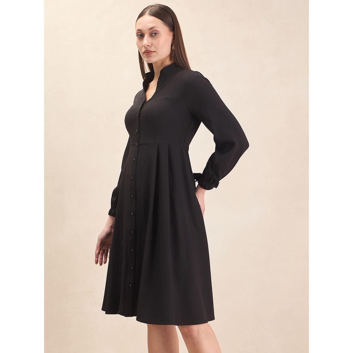 فستان سادة بطول الركبة مع اكمام بربطة فيونكة فِميلا × ستايلي-women-clothing-dresses-image-2