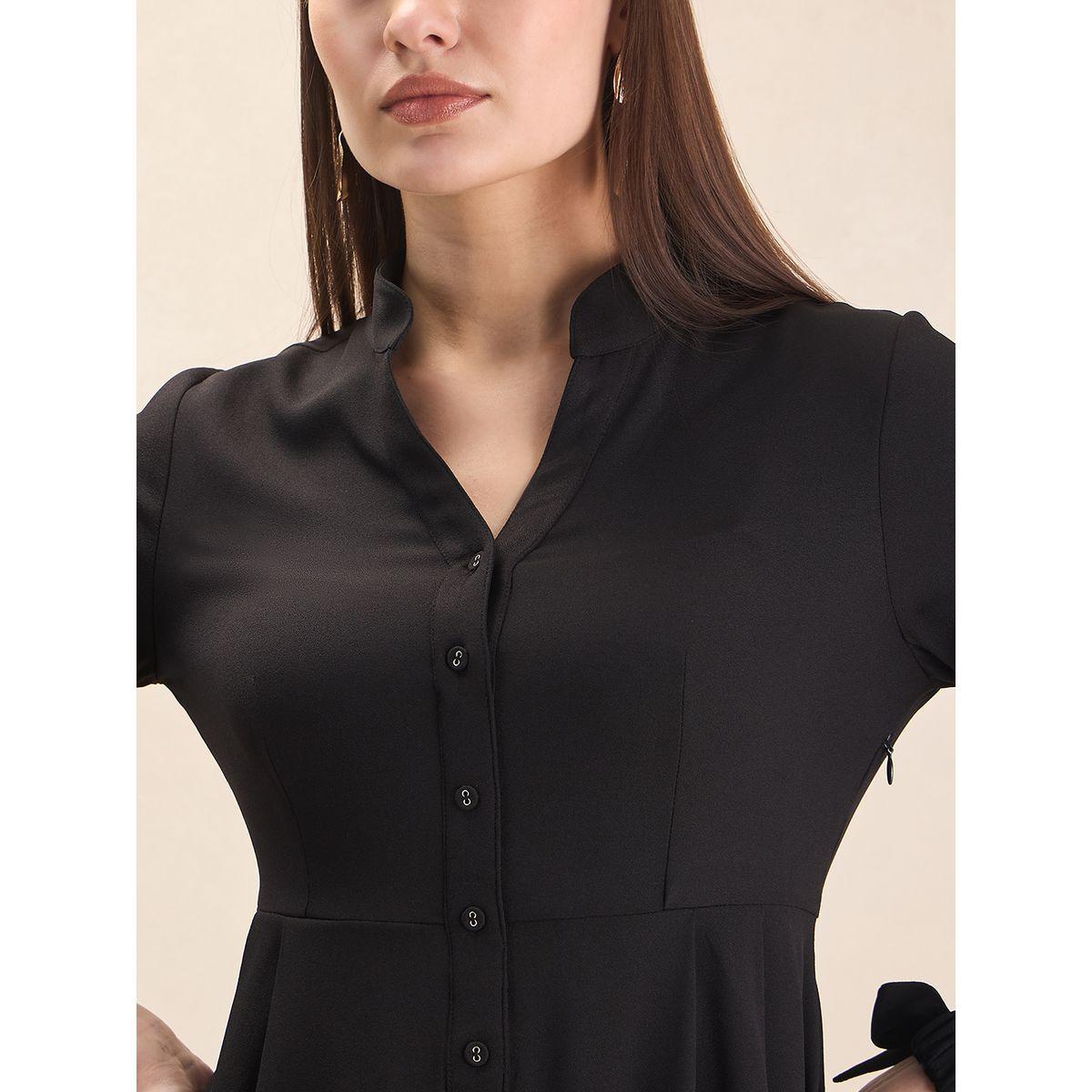 فستان سادة بطول الركبة مع اكمام بربطة فيونكة فِميلا × ستايلي-women-clothing-dresses-image-3
