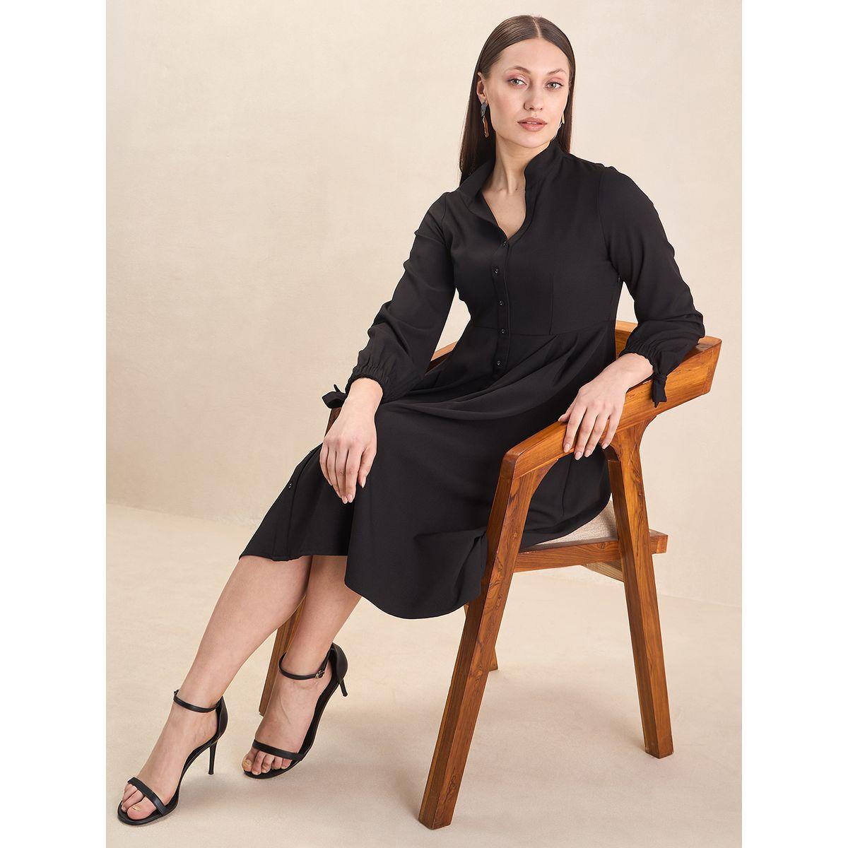 Femmella X Styli  Solid Knotted Sleeve Knee Length Dress-women-clothing-dresses-image-5