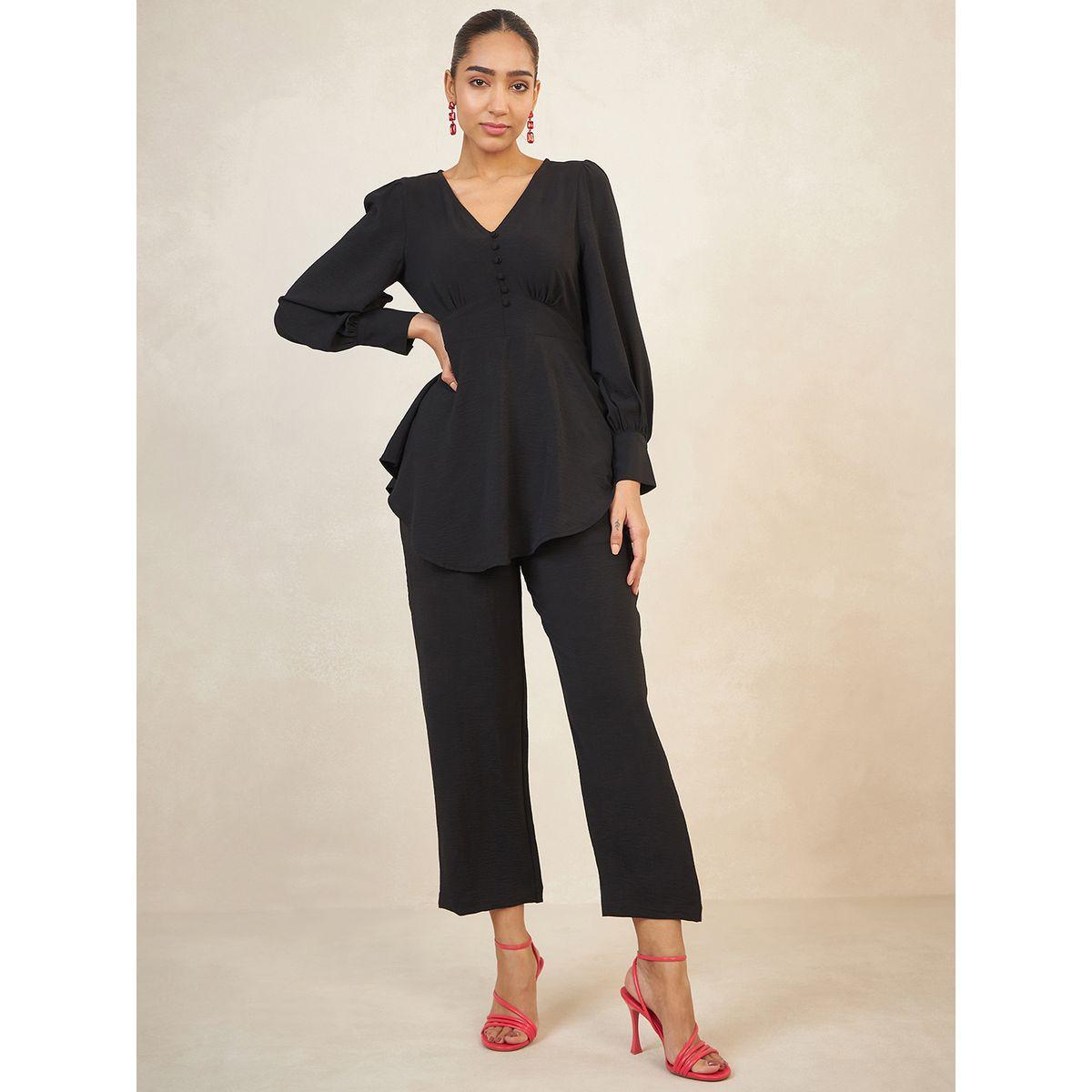 Femmella X Styli  Solid Asymmetric Hem Top & Pant Co-Ord Set-women-clothing-coordsets-image-1
