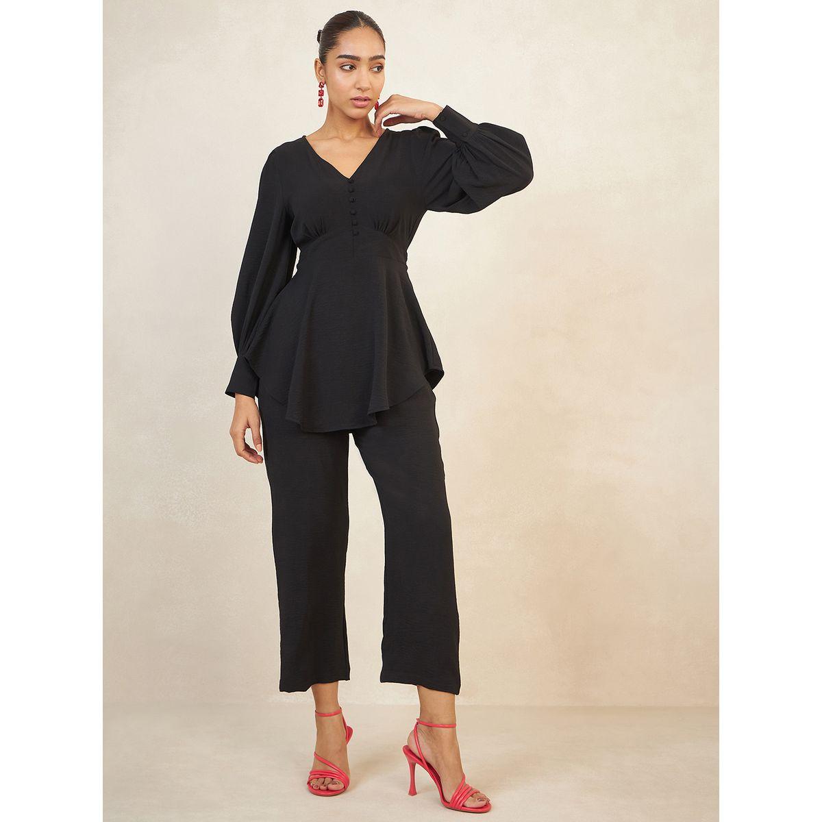 Femmella X Styli  Solid Asymmetric Hem Top & Pant Co-Ord Set-women-clothing-coordsets-image-5