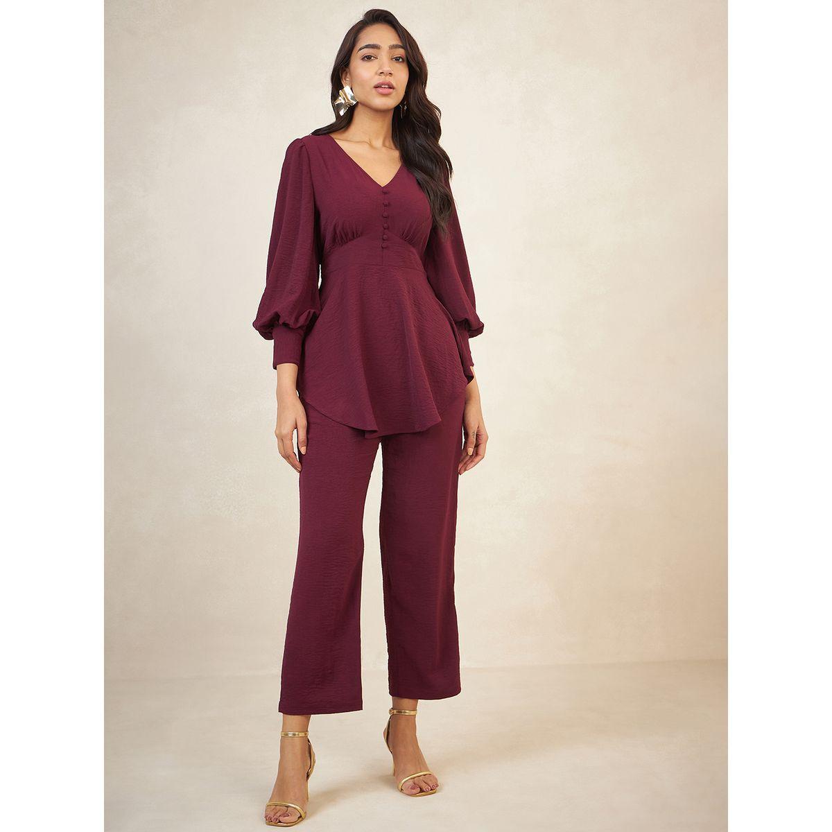 Femmella X Styli  Solid Asymmetric Hem Top & Pant Co-Ord Set-women-clothing-coordsets-image-1