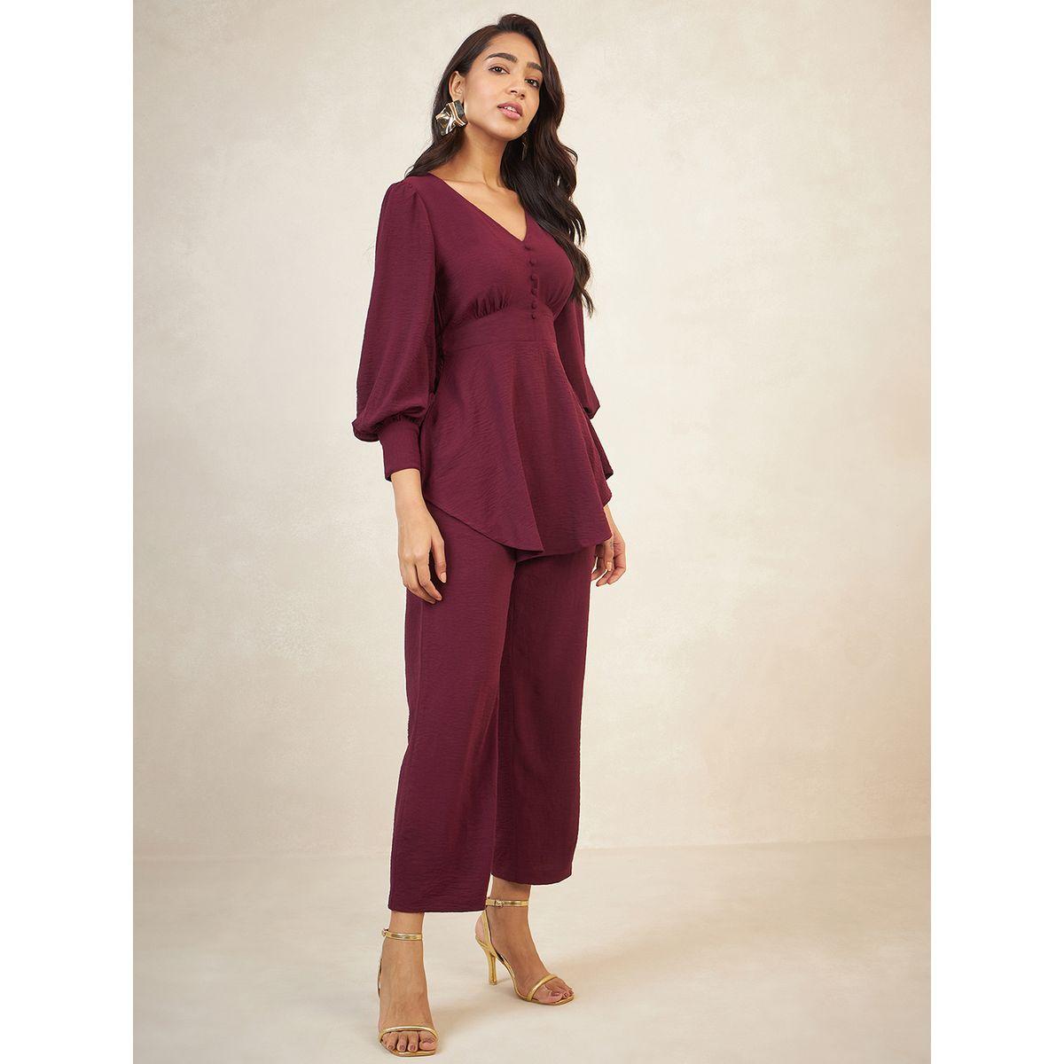 Femmella X Styli  Solid Asymmetric Hem Top & Pant Co-Ord Set-women-clothing-coordsets-image-2