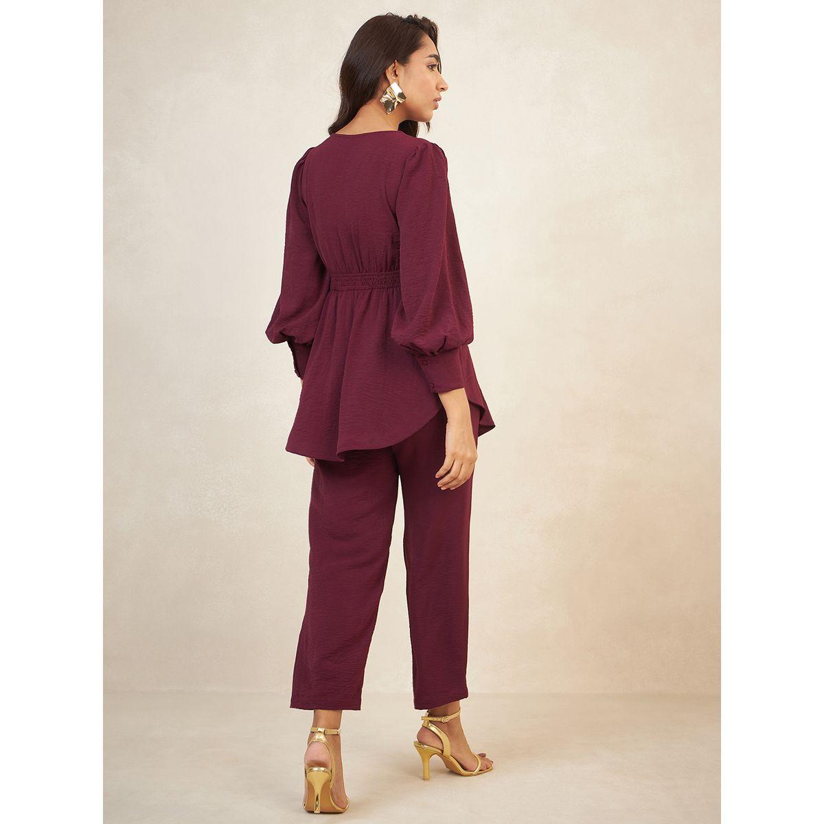 طقم منسق من بنطال مع بلوزة سادة بحافة غير متماثلة الطول فِميلا × ستايلي-women-clothing-coordsets-image-5
