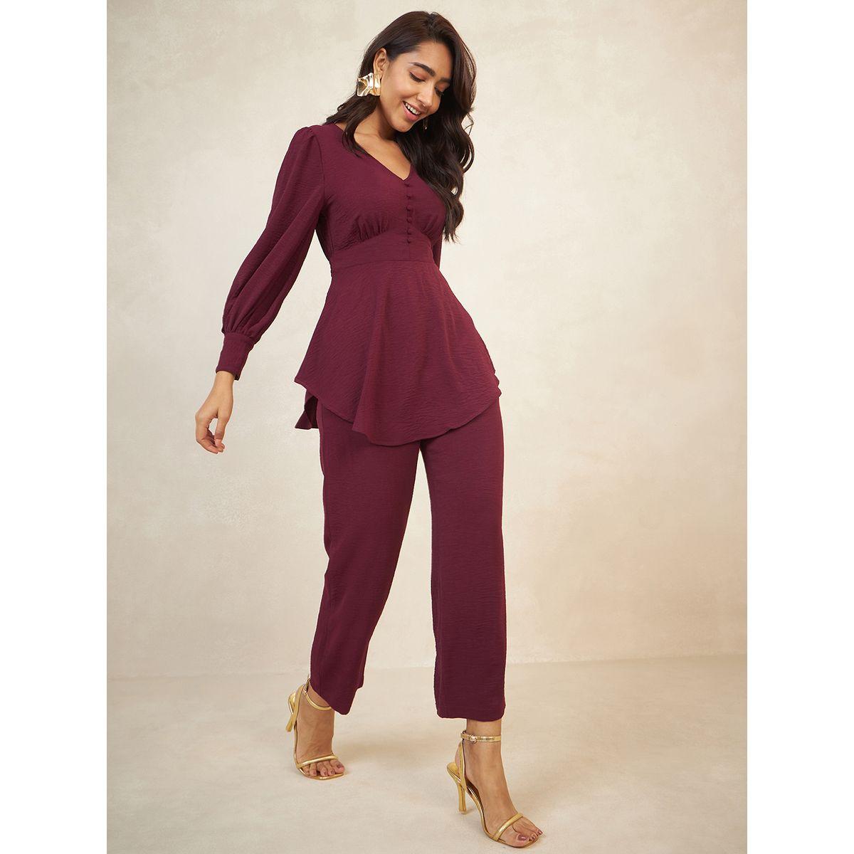 طقم منسق من بنطال مع بلوزة سادة بحافة غير متماثلة الطول فِميلا × ستايلي-women-clothing-coordsets-image-7