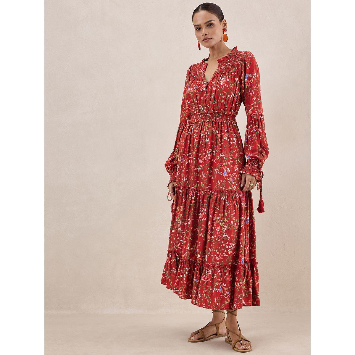 Femmella X Styli  Floral Smocked Long Sleeves Tiered Maxi Dress-women-clothing-dresses-image-1