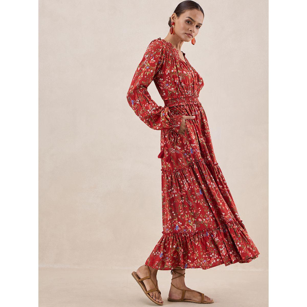 Femmella X Styli  Floral Smocked Long Sleeves Tiered Maxi Dress-women-clothing-dresses-image-2
