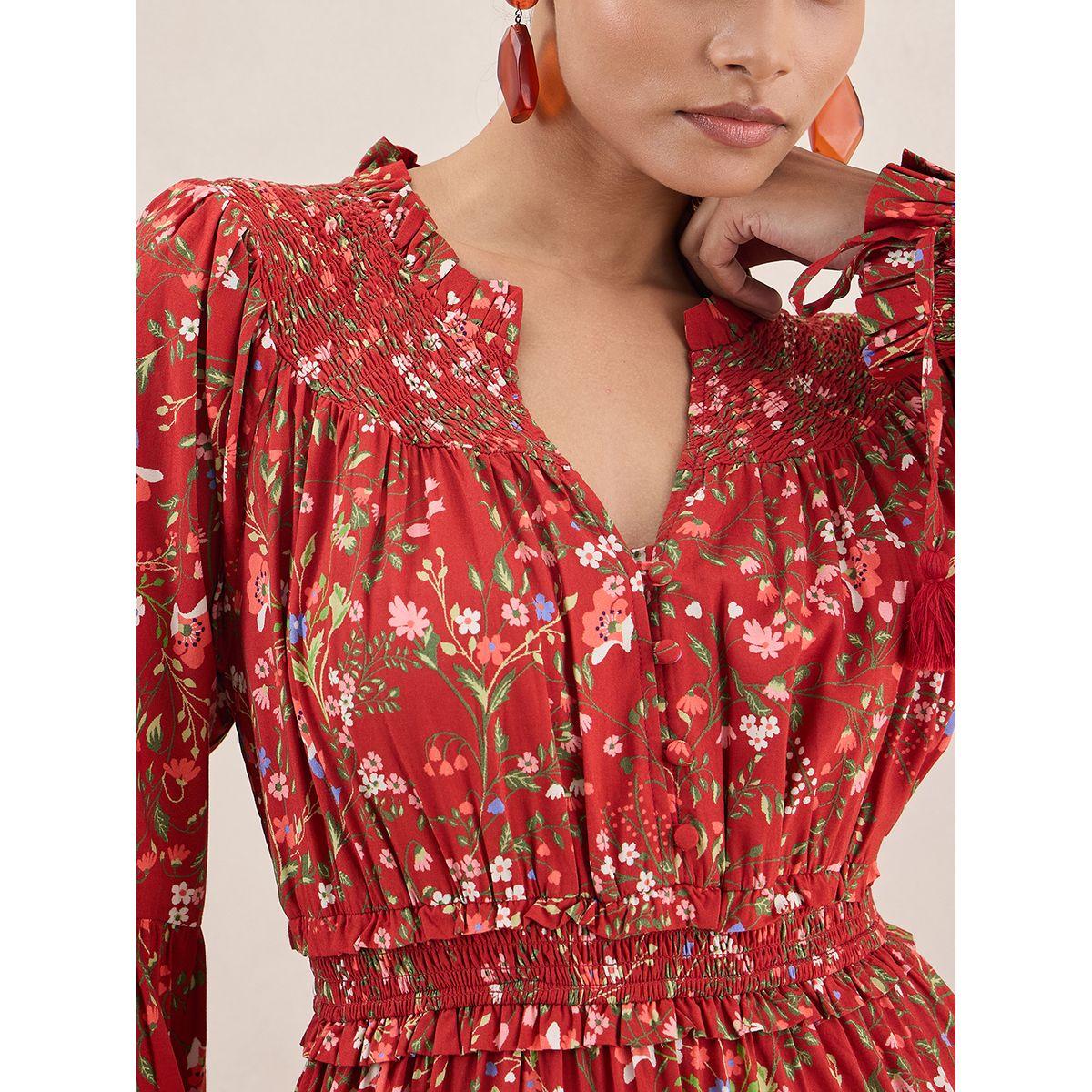 Femmella X Styli  Floral Smocked Long Sleeves Tiered Maxi Dress-women-clothing-dresses-image-4
