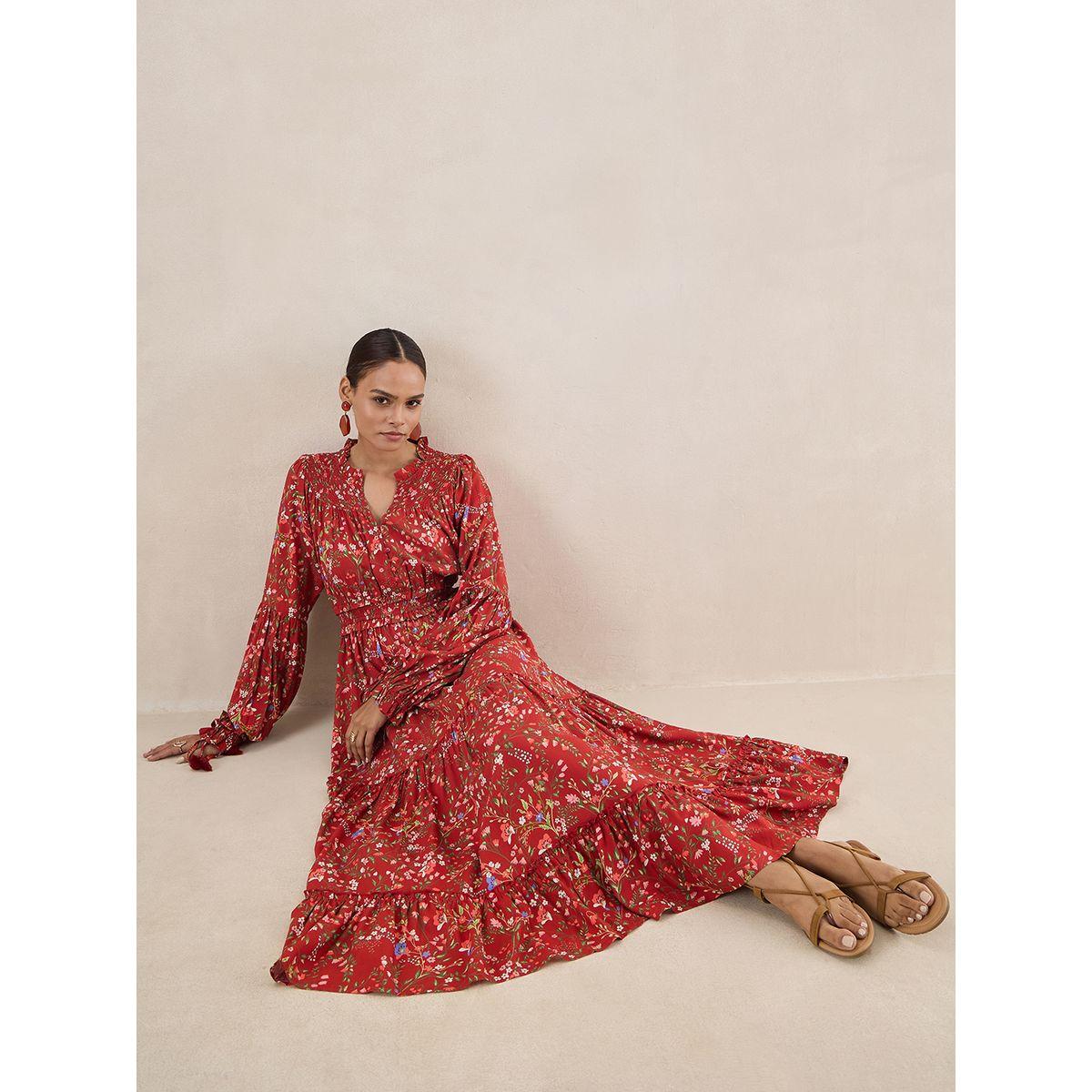 Femmella X Styli  Floral Smocked Long Sleeves Tiered Maxi Dress-women-clothing-dresses-image-6