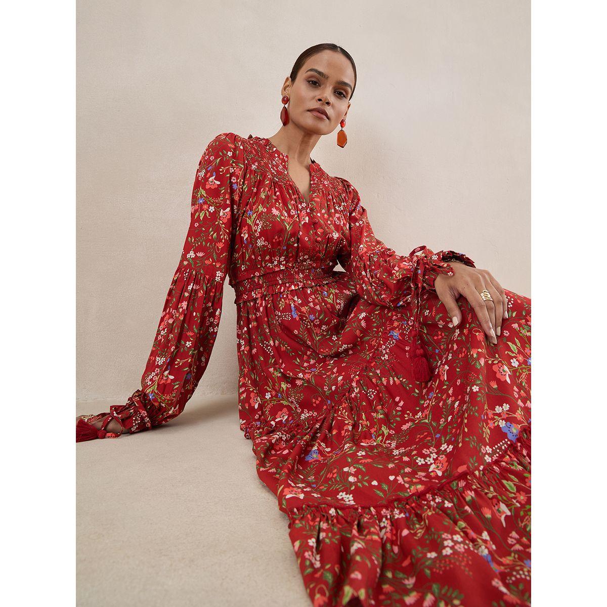 Femmella X Styli  Floral Smocked Long Sleeves Tiered Maxi Dress-women-clothing-dresses-image-7