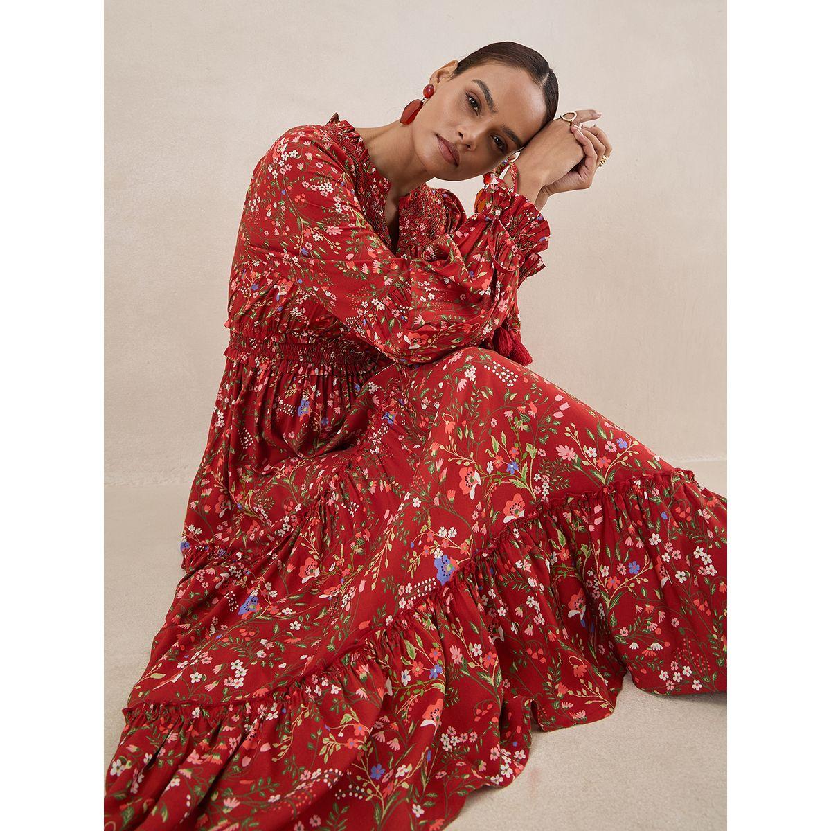 Femmella X Styli  Floral Smocked Long Sleeves Tiered Maxi Dress-women-clothing-dresses-image-8