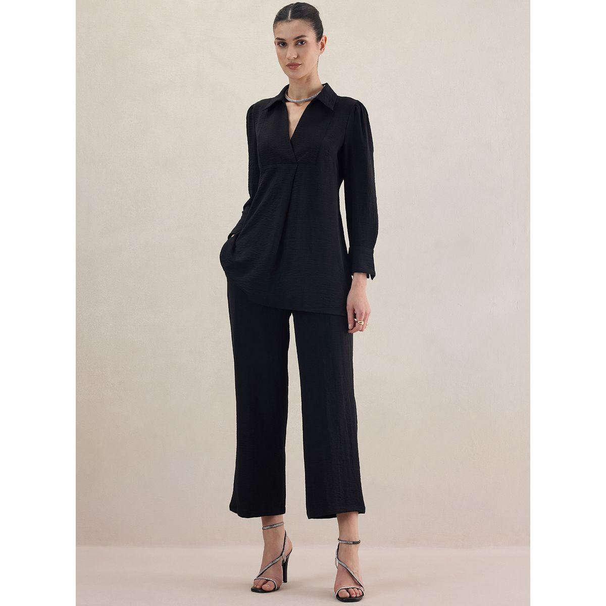 طقم منسق من بنطال وبلوزة مع ياقة بشق فِميلا × ستايلي-women-clothing-coordsets-image-1