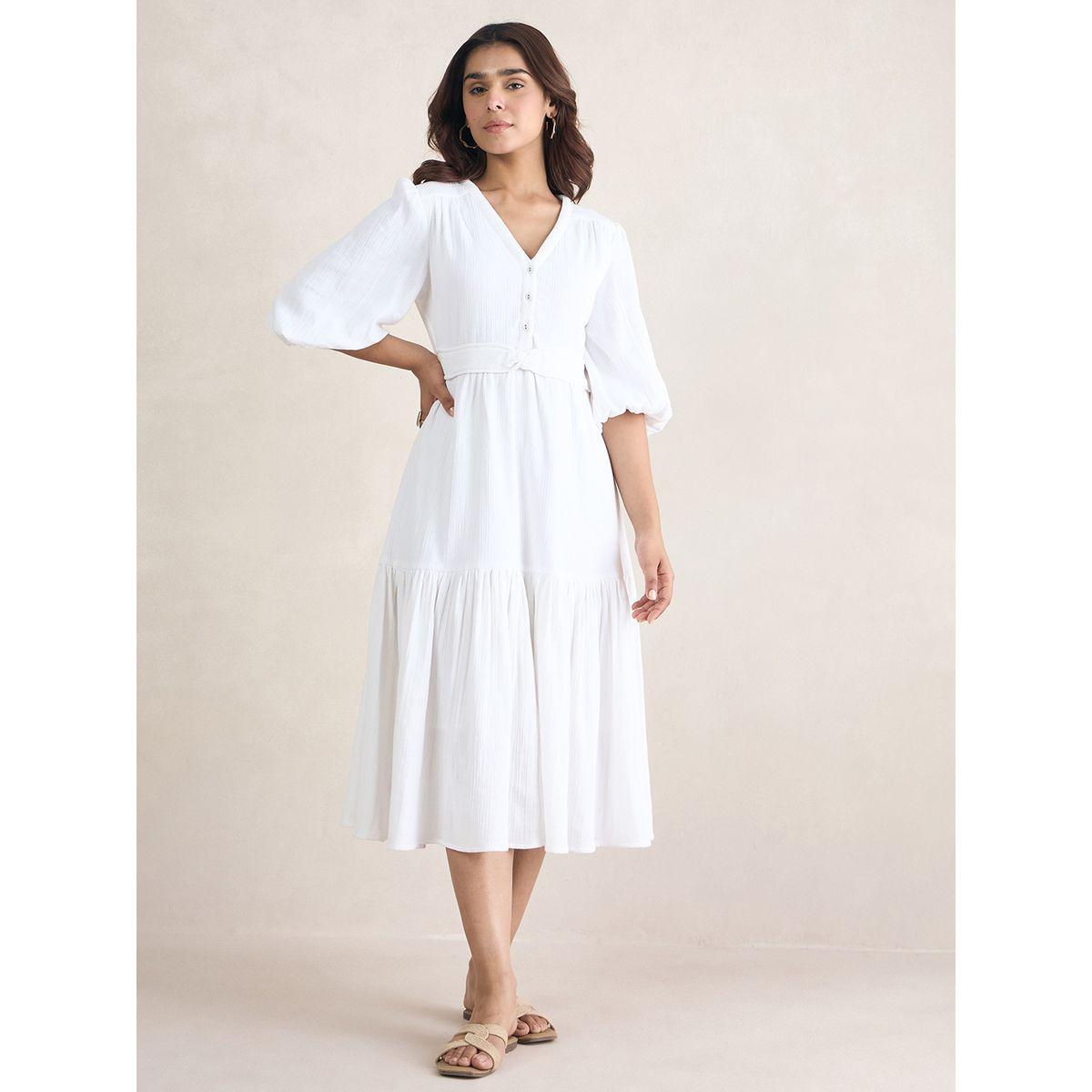 Femmella X Styli  Cotton Knot Detail Midi Dress with Cuffed Sleeve-women-clothing-dresses-image-1