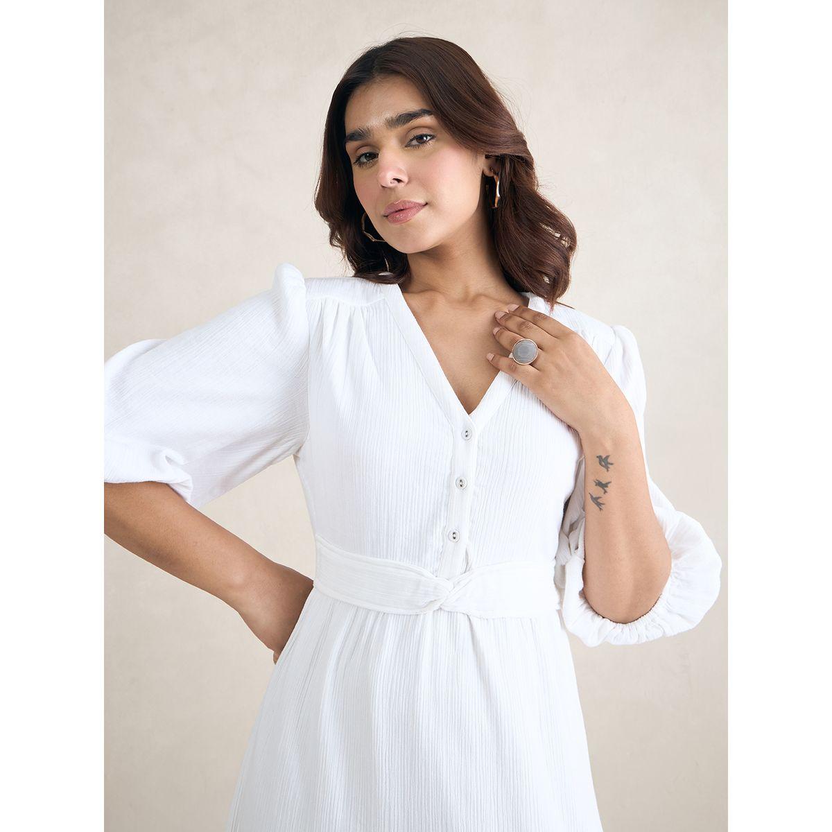 Femmella X Styli  Cotton Knot Detail Midi Dress with Cuffed Sleeve-women-clothing-dresses-image-6