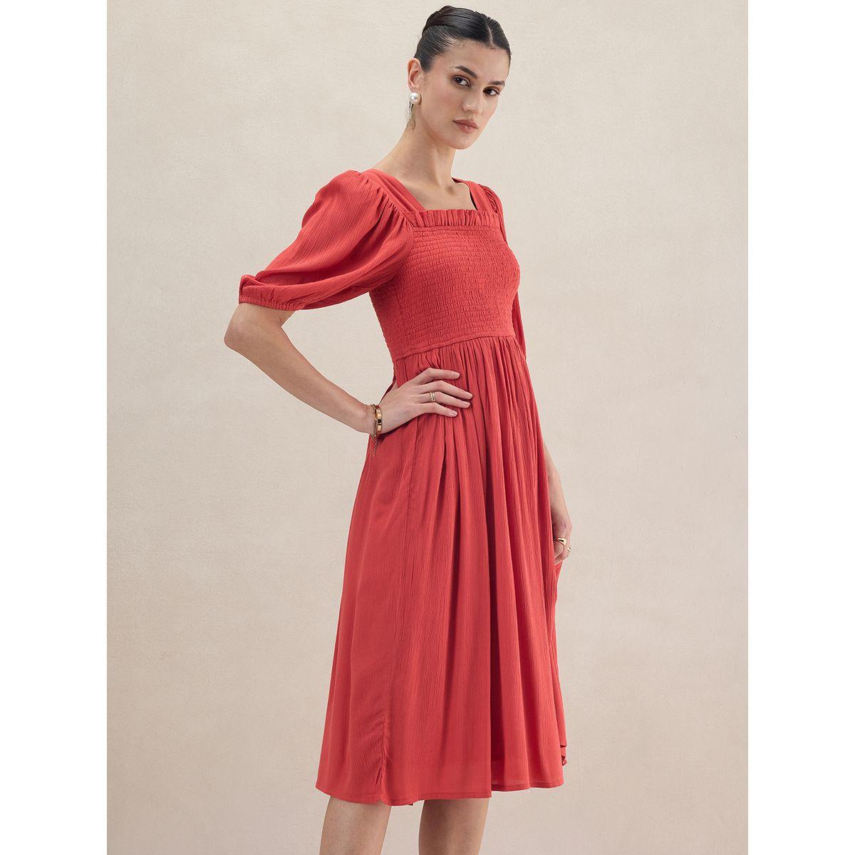 Femmella X Styli  Smocked Detail Cuffed Sleeve Midi Dress-women-clothing-dresses-image-3